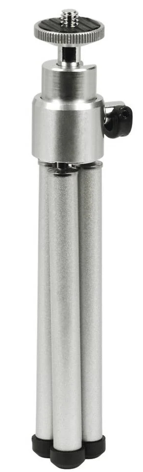 Srebrny statyw z trzema nogami. U góry śruba do mocowania aparatu.