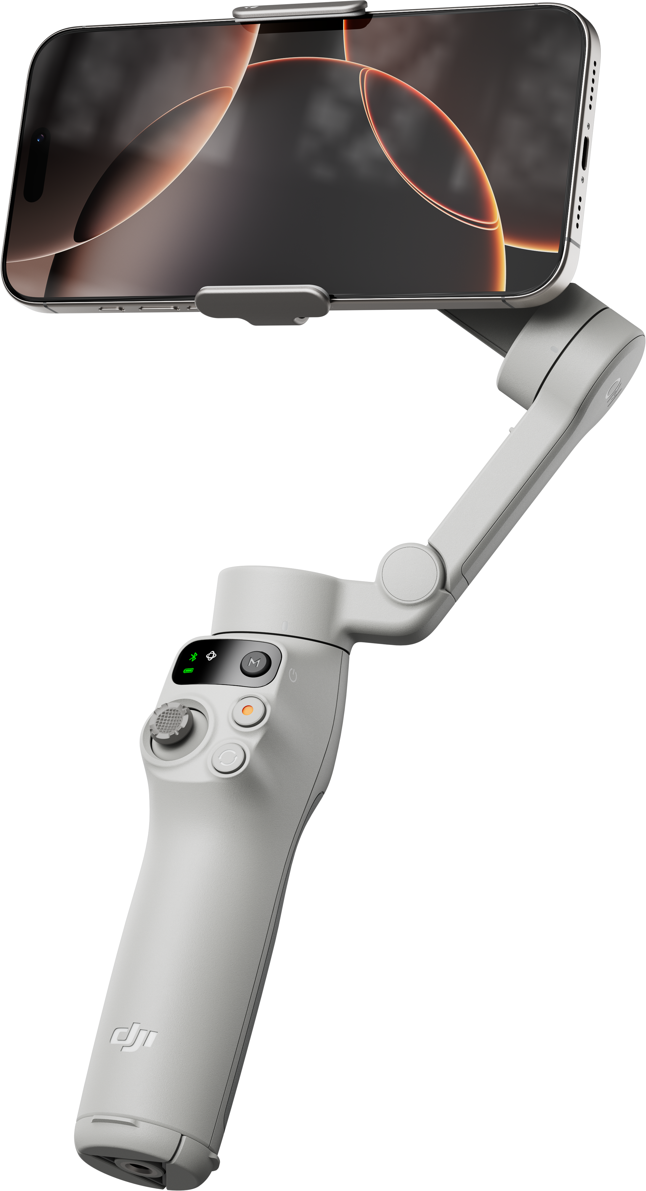 Stabilisateur de téléphone en blanc, avec téléphone attaché, sur fond noir.