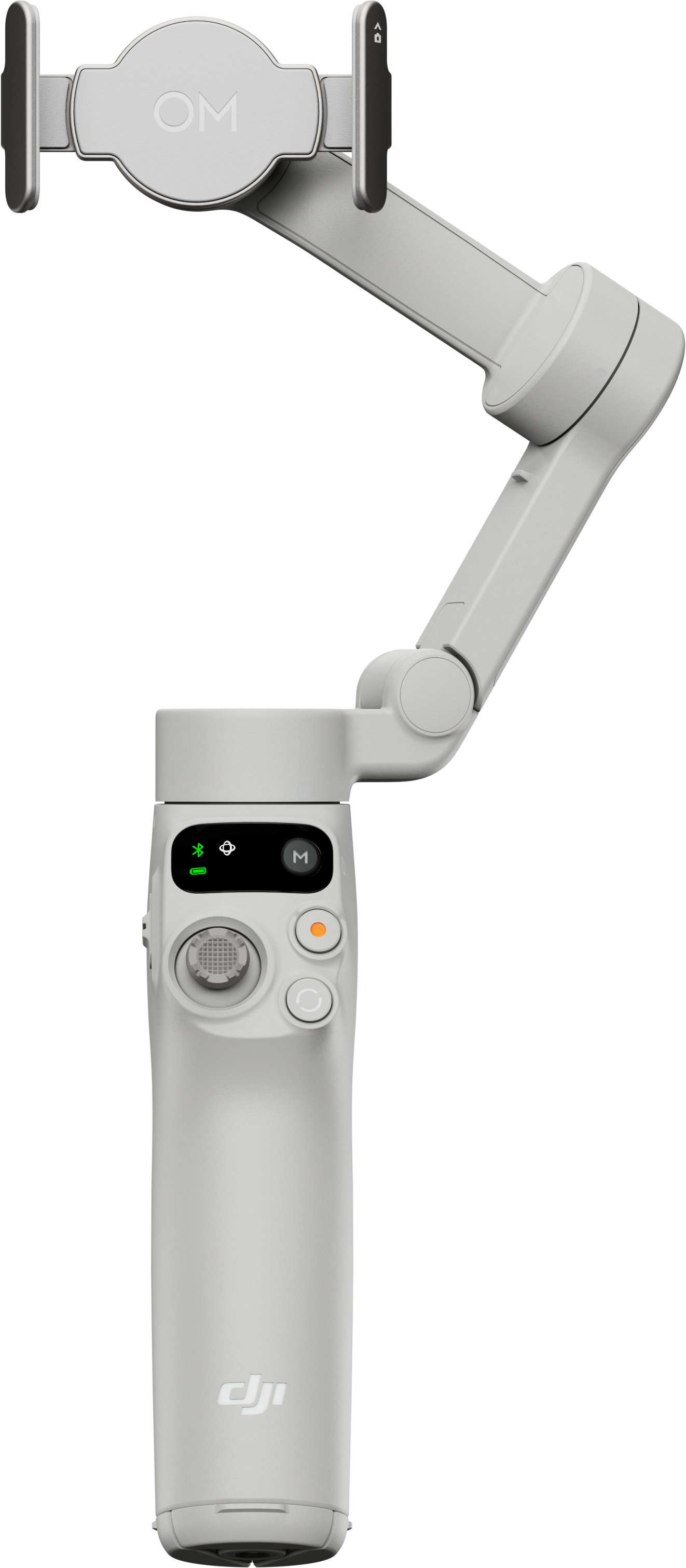 Un stabilisateur de cardan portable blanc et gris, avec des commandes et un support de téléphone attaché.