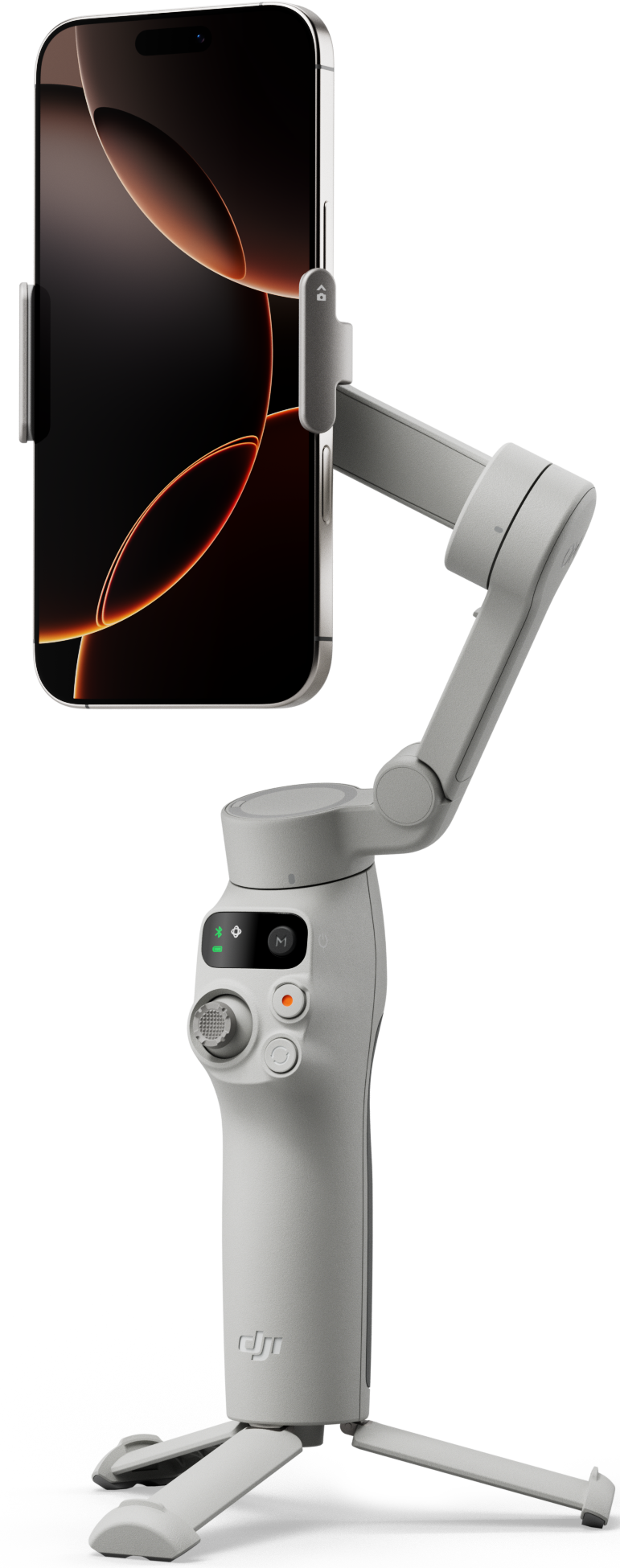 Stabilisateur de téléphone blanc avec téléphone attaché sur fond noir.