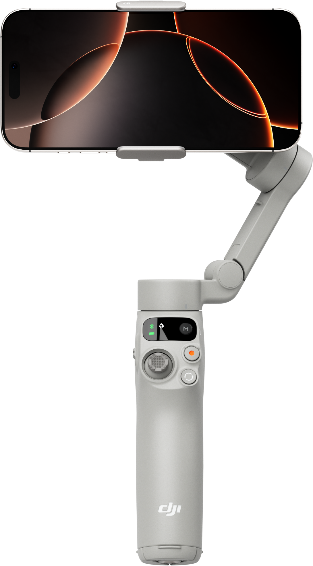 Stabilisateur de téléphone gris tenant un téléphone avec un fond orange et noir.
