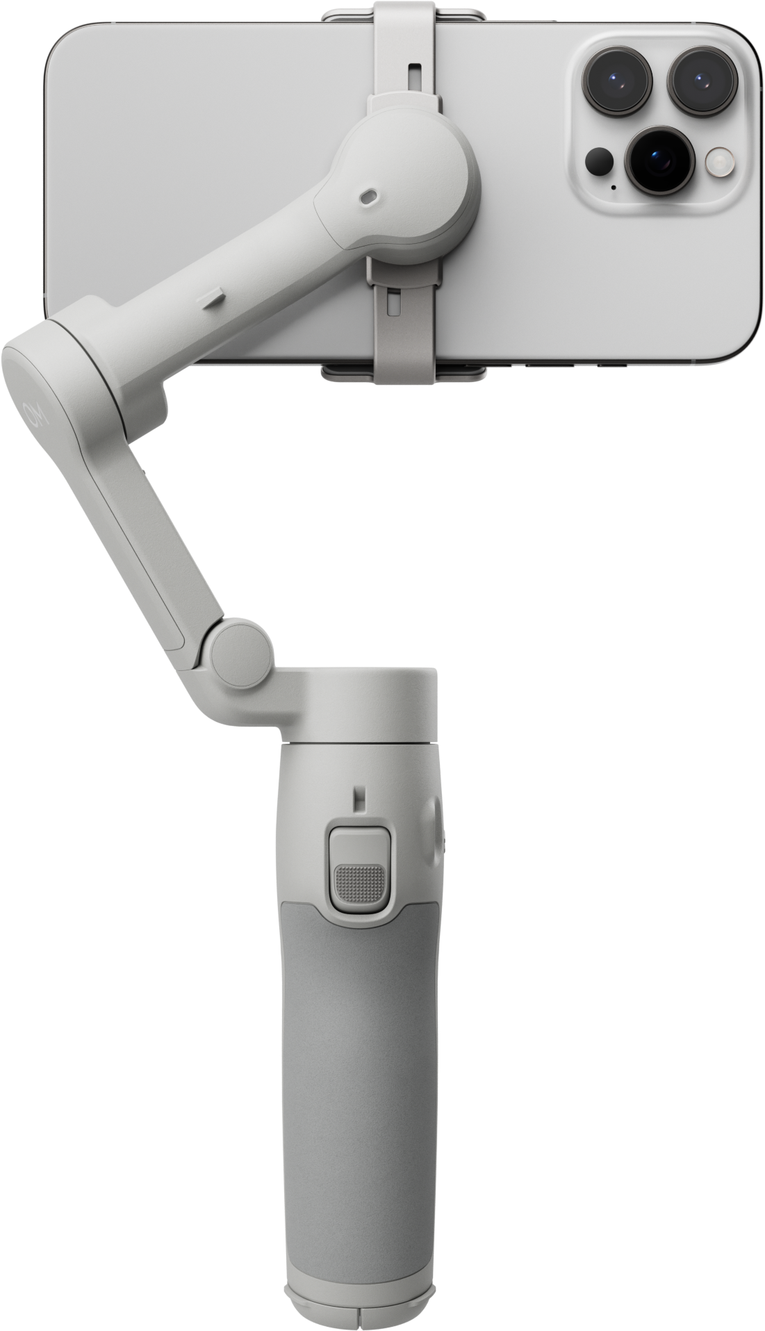 Support de téléphone et cardan blanc et gris, tenu à la main.