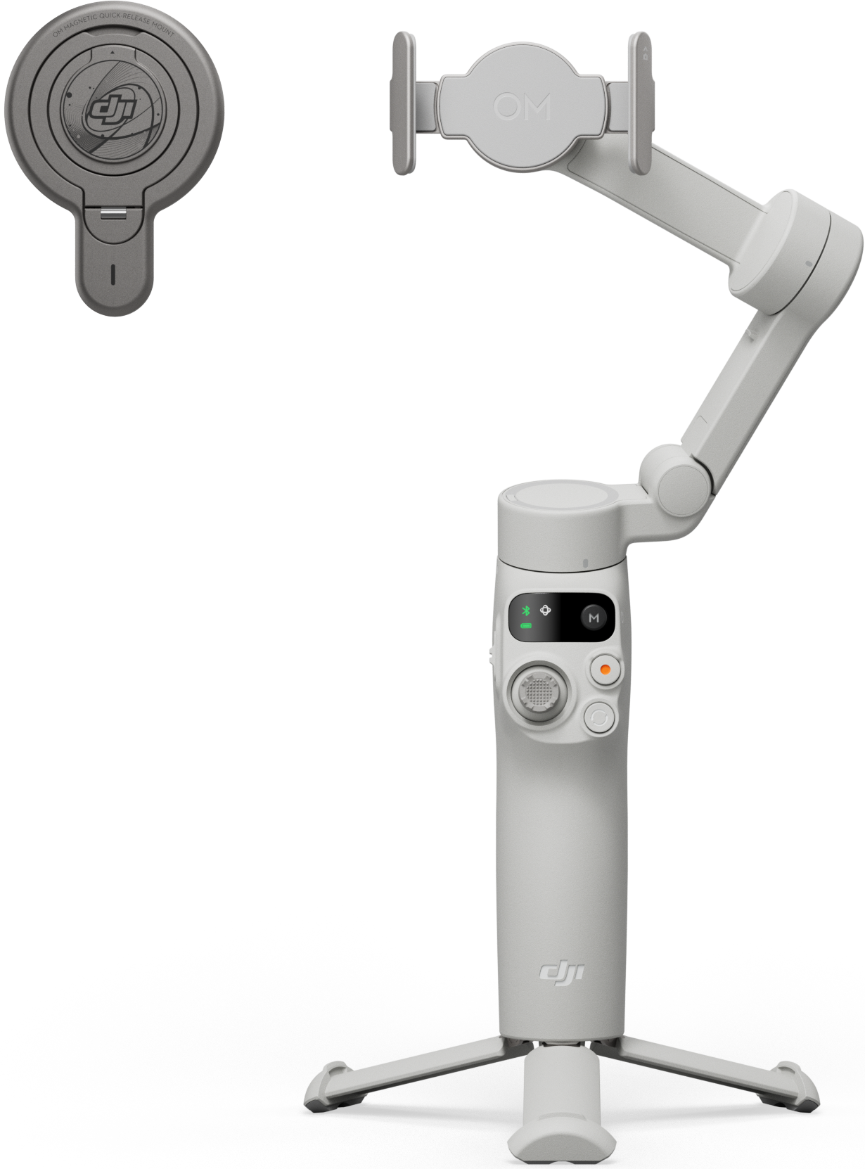 Un stabilisateur de cardan portable blanc avec une commande amovible et un trépied attaché.