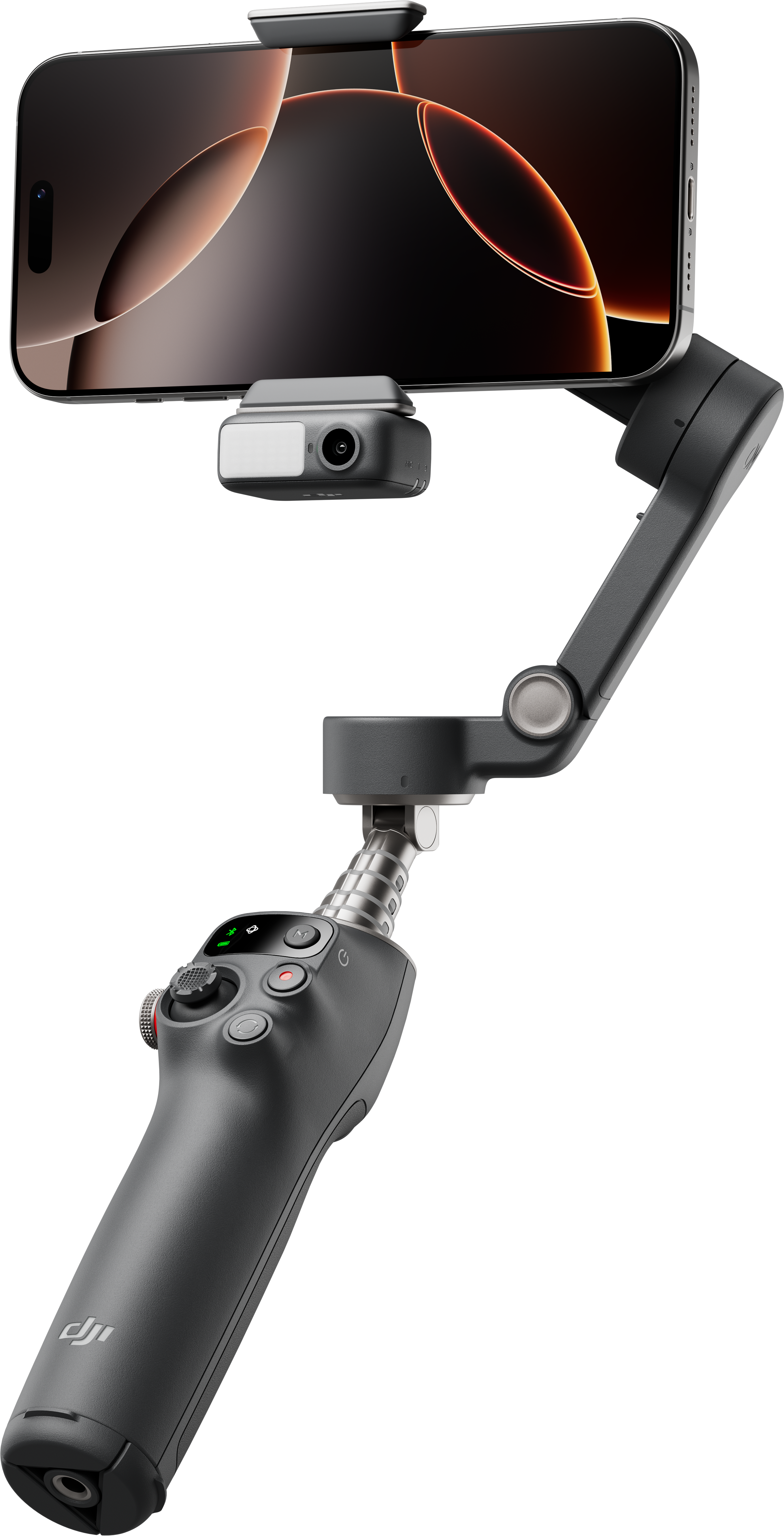 Stabilisateur de téléphone noir avec téléphone attaché. Il a des boutons et un joystick. Fond noir.
