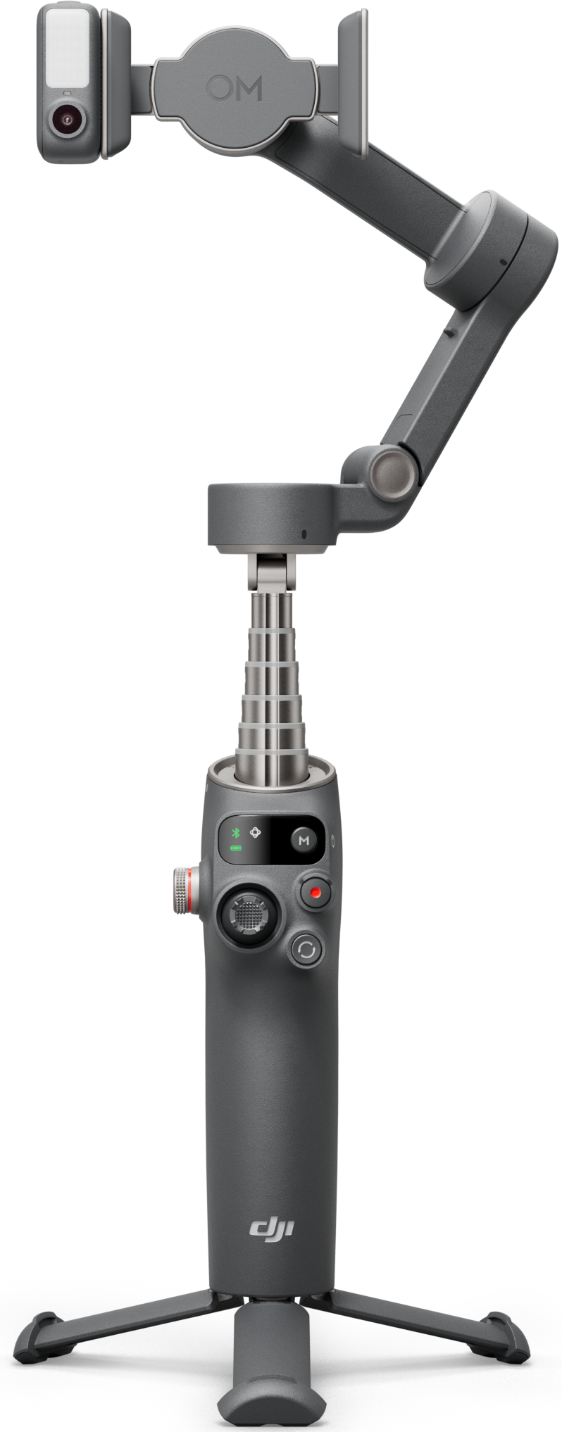 Un stabilisateur portable gris avec une caméra attachée.