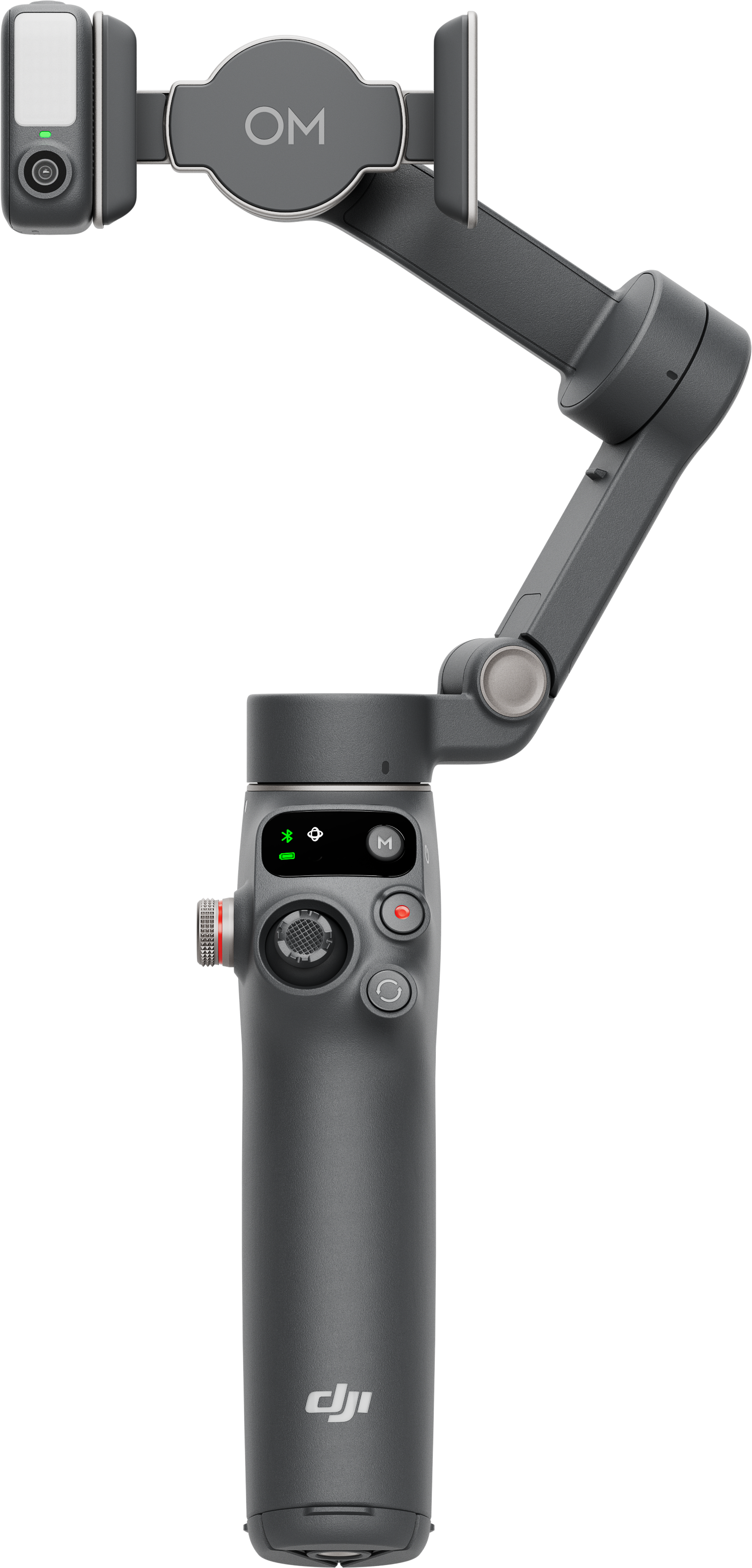 Un cardan gris foncé avec un support de téléphone, une caméra et des boutons de commande. Le cardan est sur fond noir.