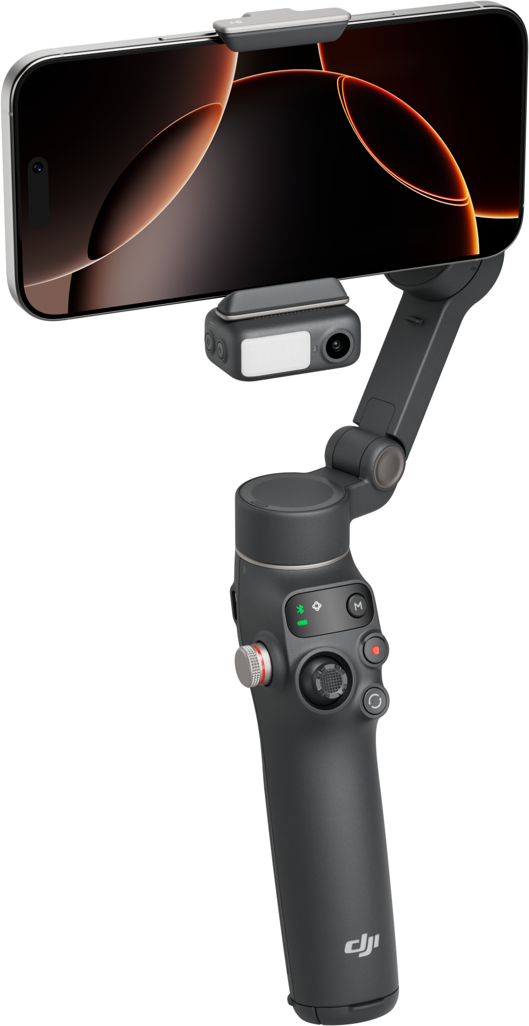 Un cardan gris foncé tenant un téléphone avec un écran noir et orange. Fond noir. Le cardan possède des boutons de commande.