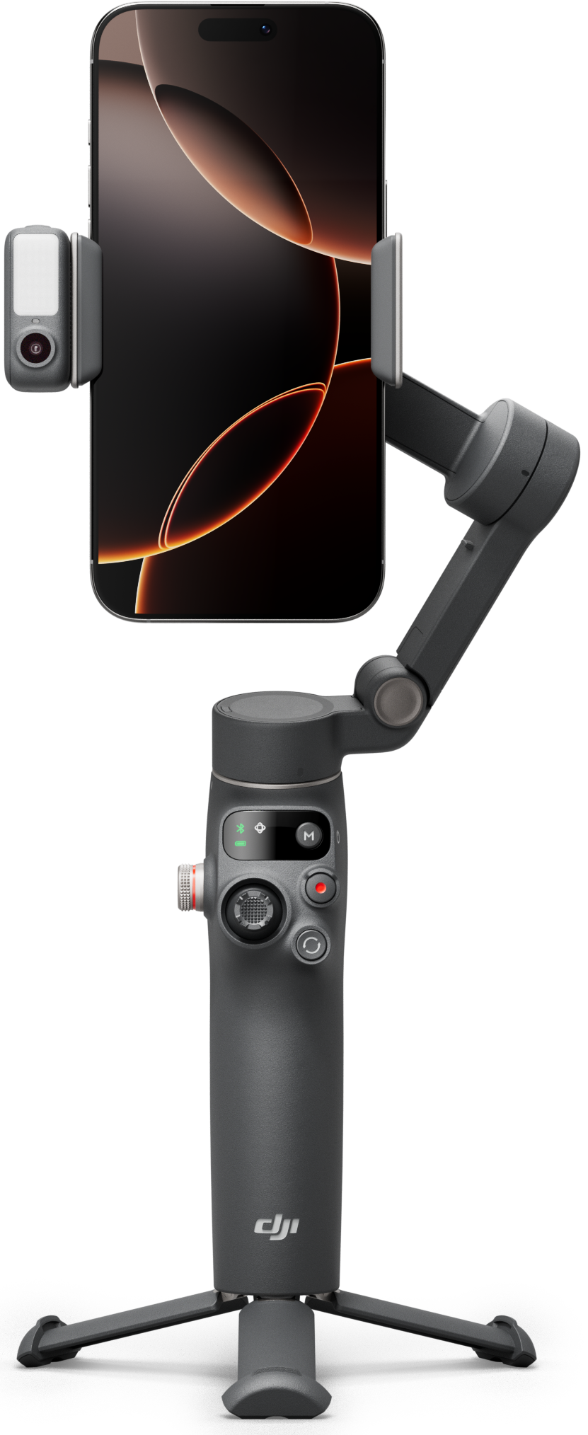 Un cardan gris foncé tenant un téléphone avec un écran noir et orange. Fond noir. Le cardan a une base de trépied.