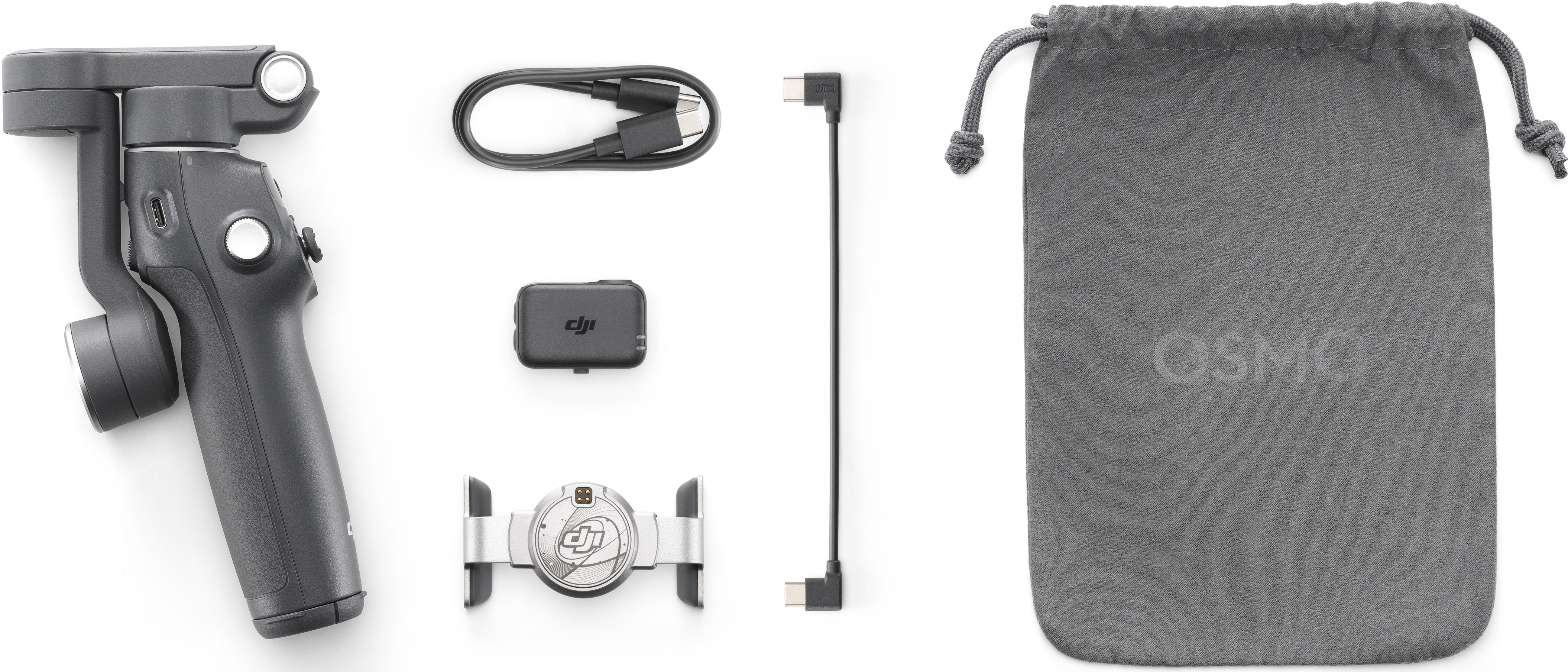 Gimbal mobile DJI Osmo avec accessoires : câbles, sac de transport et stabilisateur.