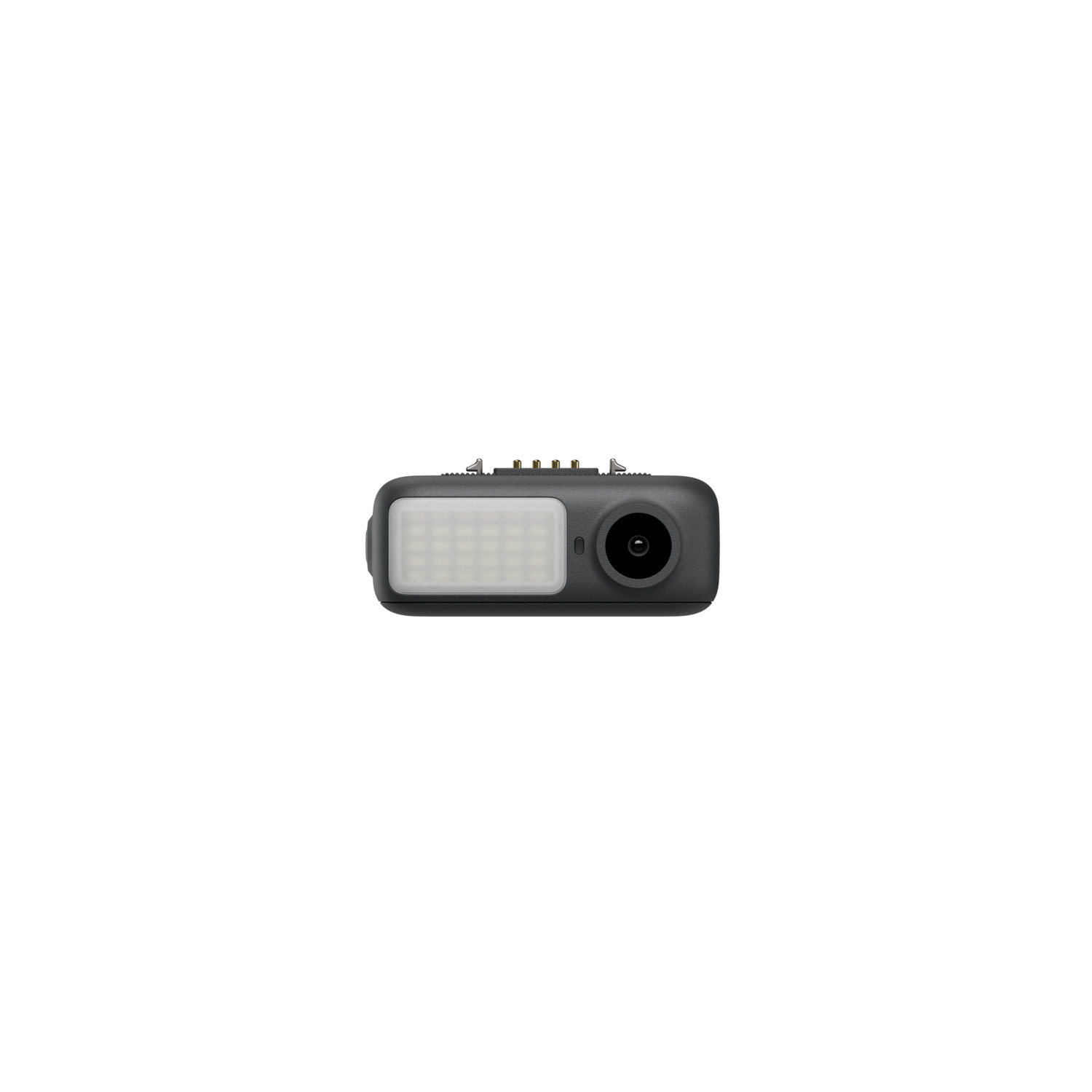 A black camera with a white light and lens. White background.