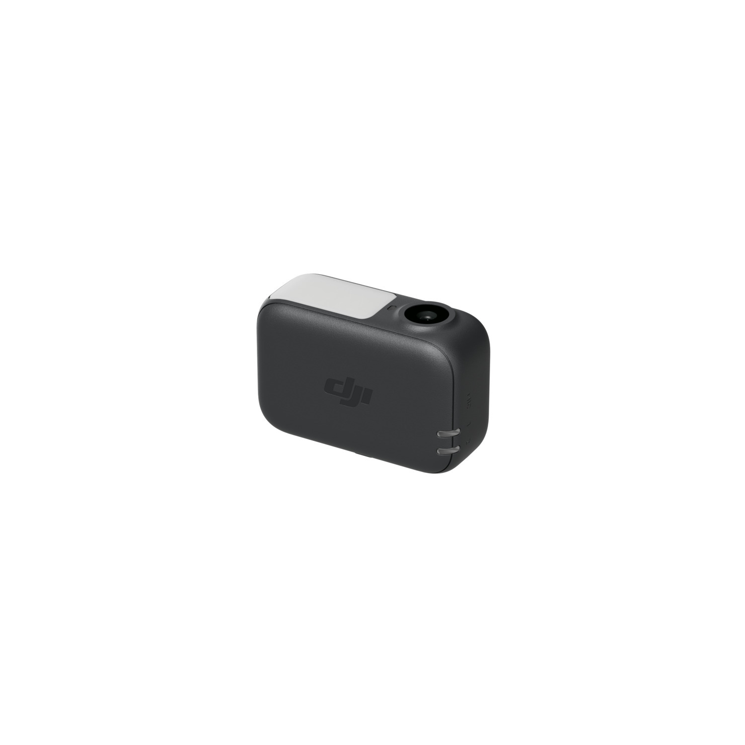 Black and gray rectangular device with a white top. It has a lens and logo.