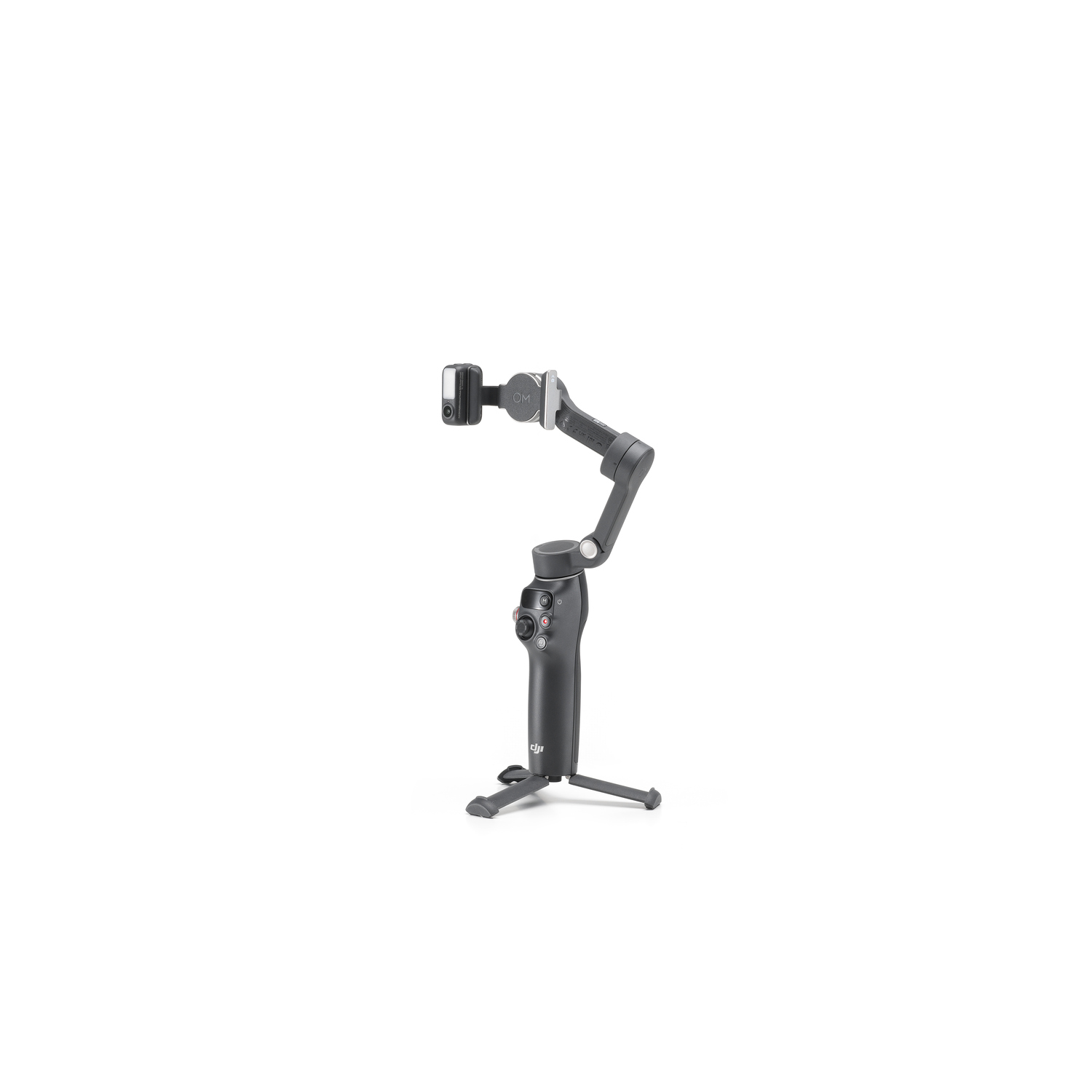 Black and gray gimbal with a camera attached, on a tripod, white background.