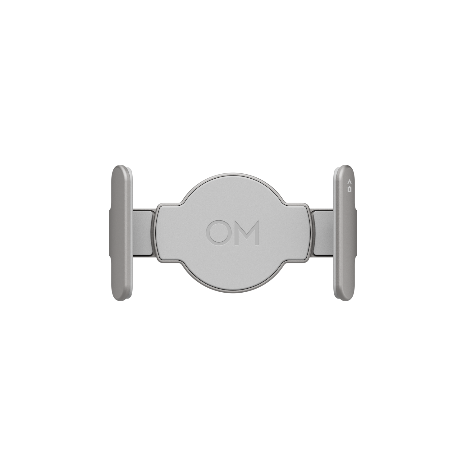 Een zilveren telefoonhouder met de letters 'OM' in het midden. Twee armen houden de telefoon vast.