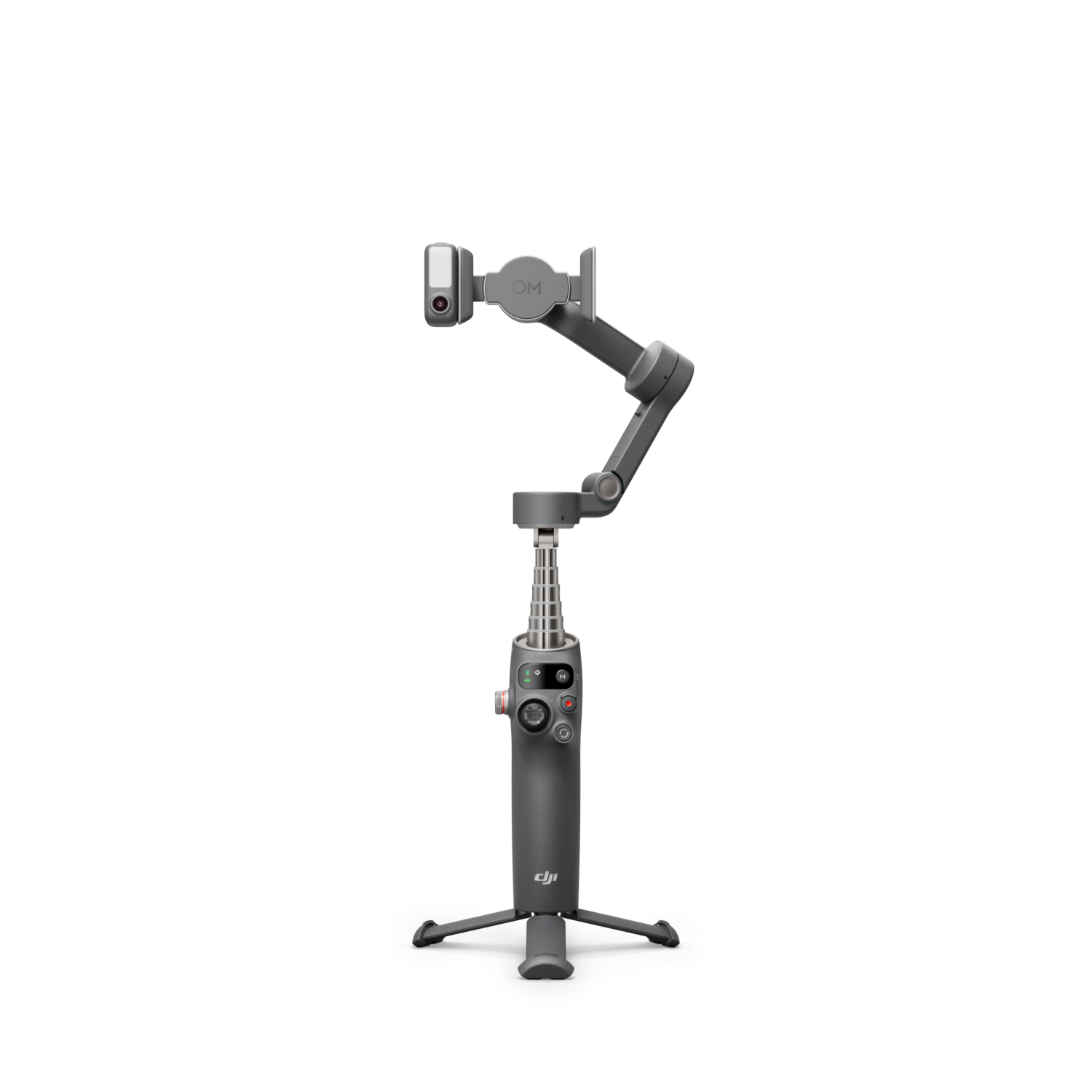 Gray gimbal with a camera attached, standing on a tripod, black background.