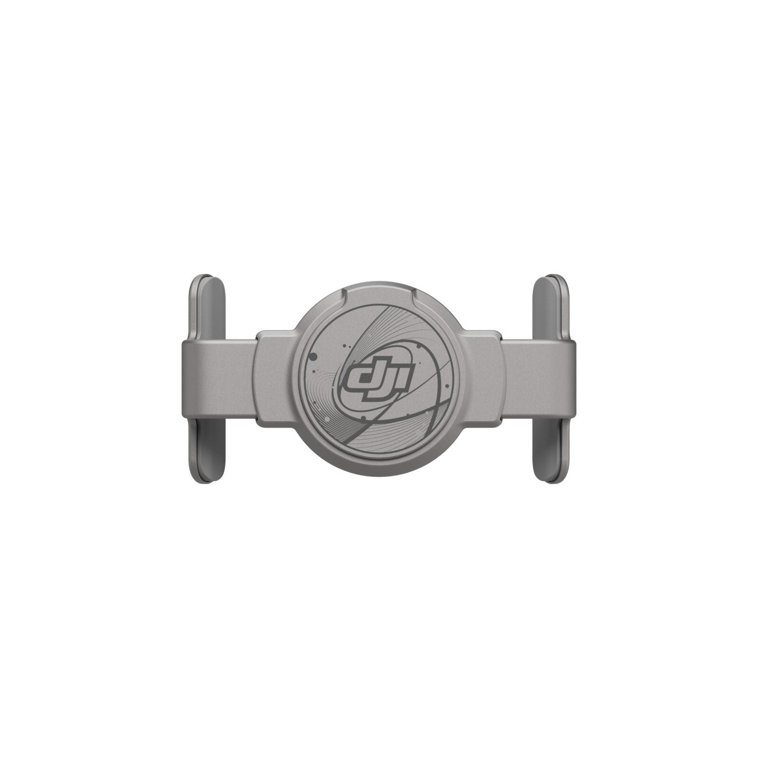 Een zilveren DJI drone-accessoire, recht van bovenaf bekeken, tegen een witte achtergrond.
