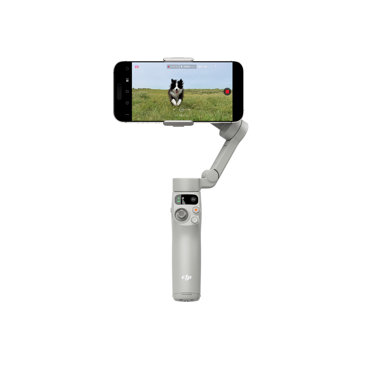 Gray gimbal holding a phone displaying a dog, black background.