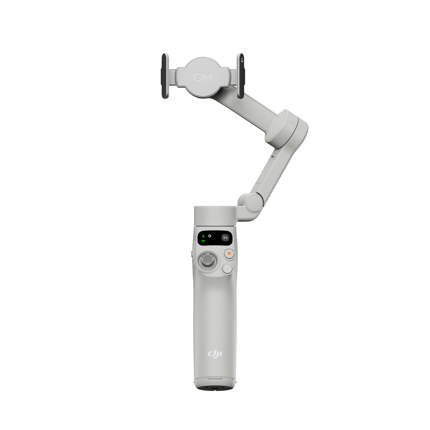A white gimbal stabilizer with a phone clamp on top. It is on a black background.