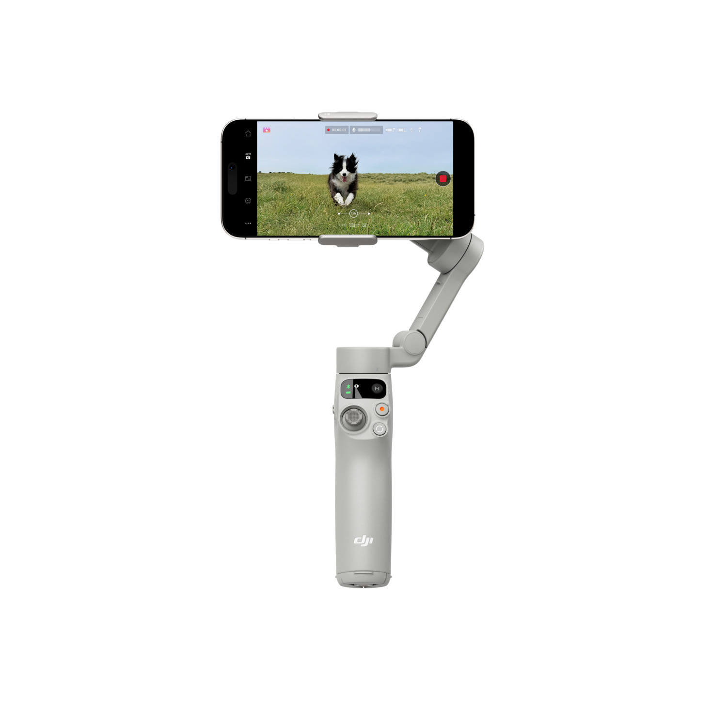Gray gimbal holding a phone displaying a dog, black background.