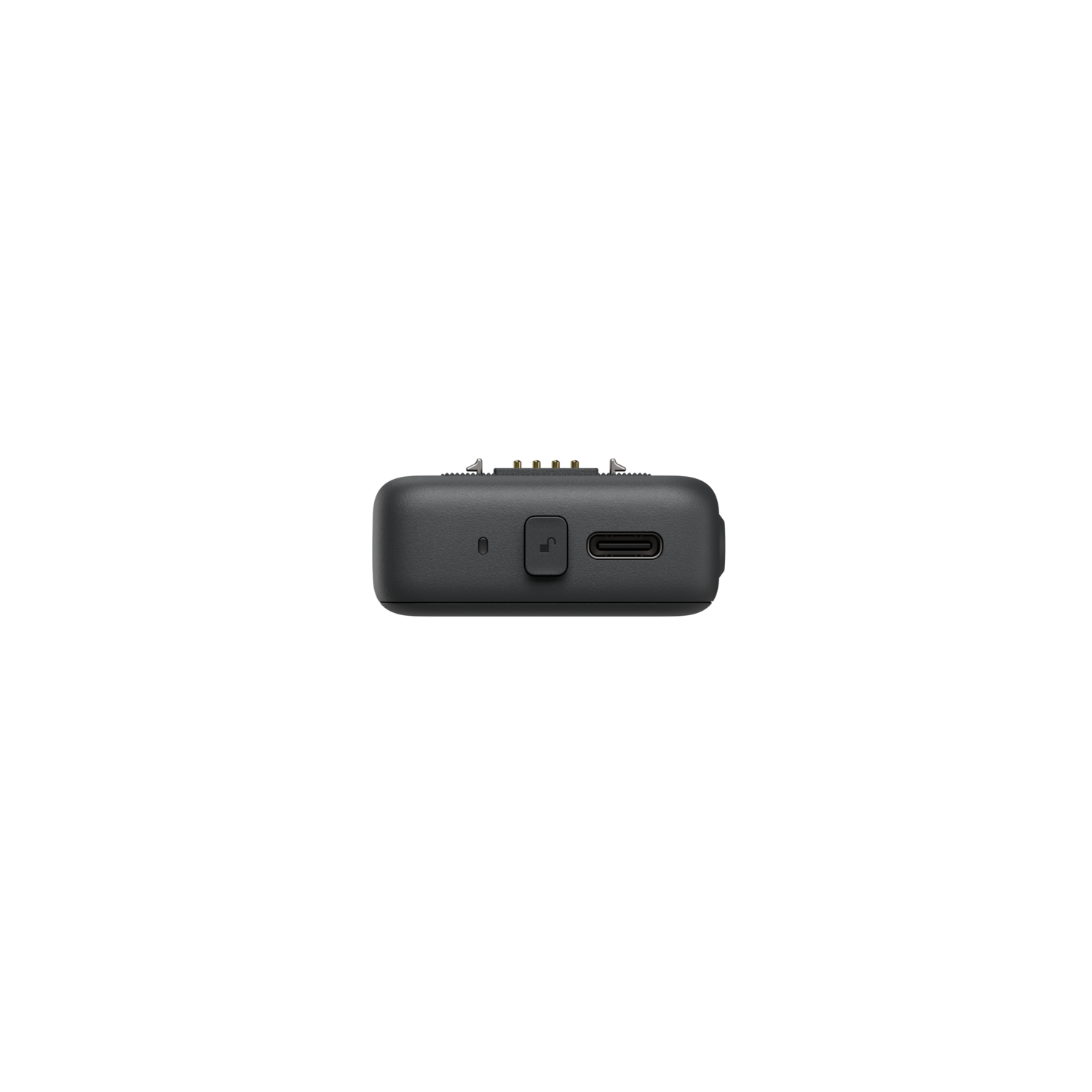 Black rectangular device, bottom view, with ports and buttons, black background.