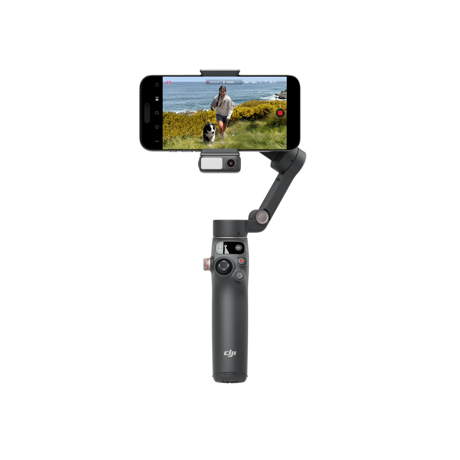 Gray gimbal holding a phone with a person and a dog, white background.