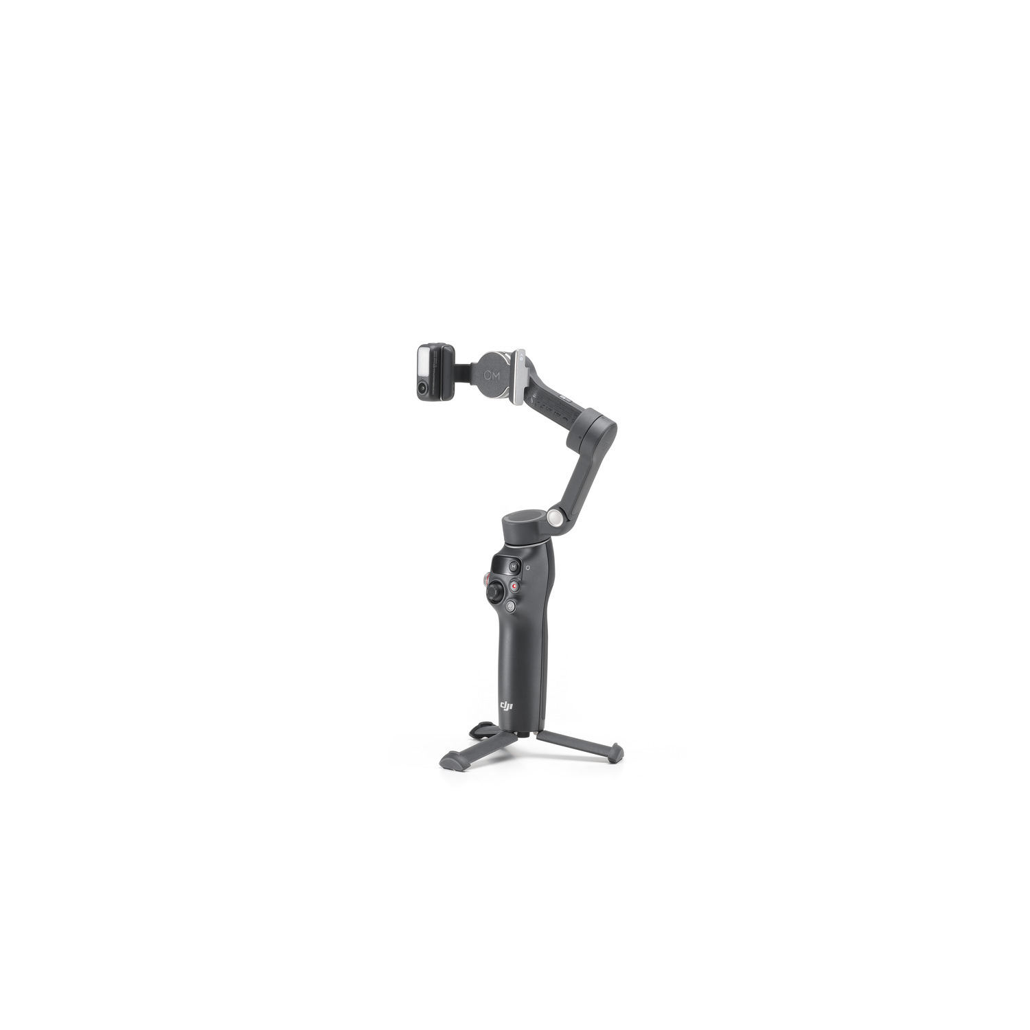 Black DJI Osmo Mobile gimbal with a phone attached on a white background.