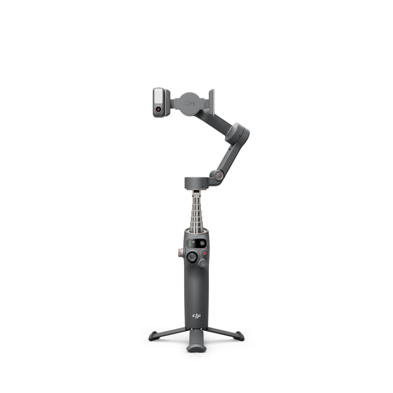 A grey and black handheld gimbal with a phone mount.