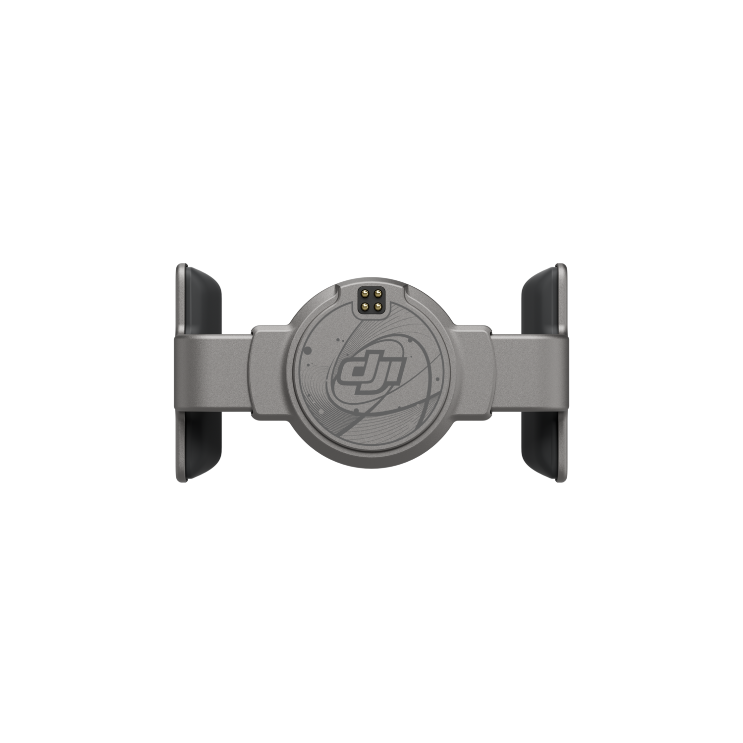 Gray circular device with a logo, black background.