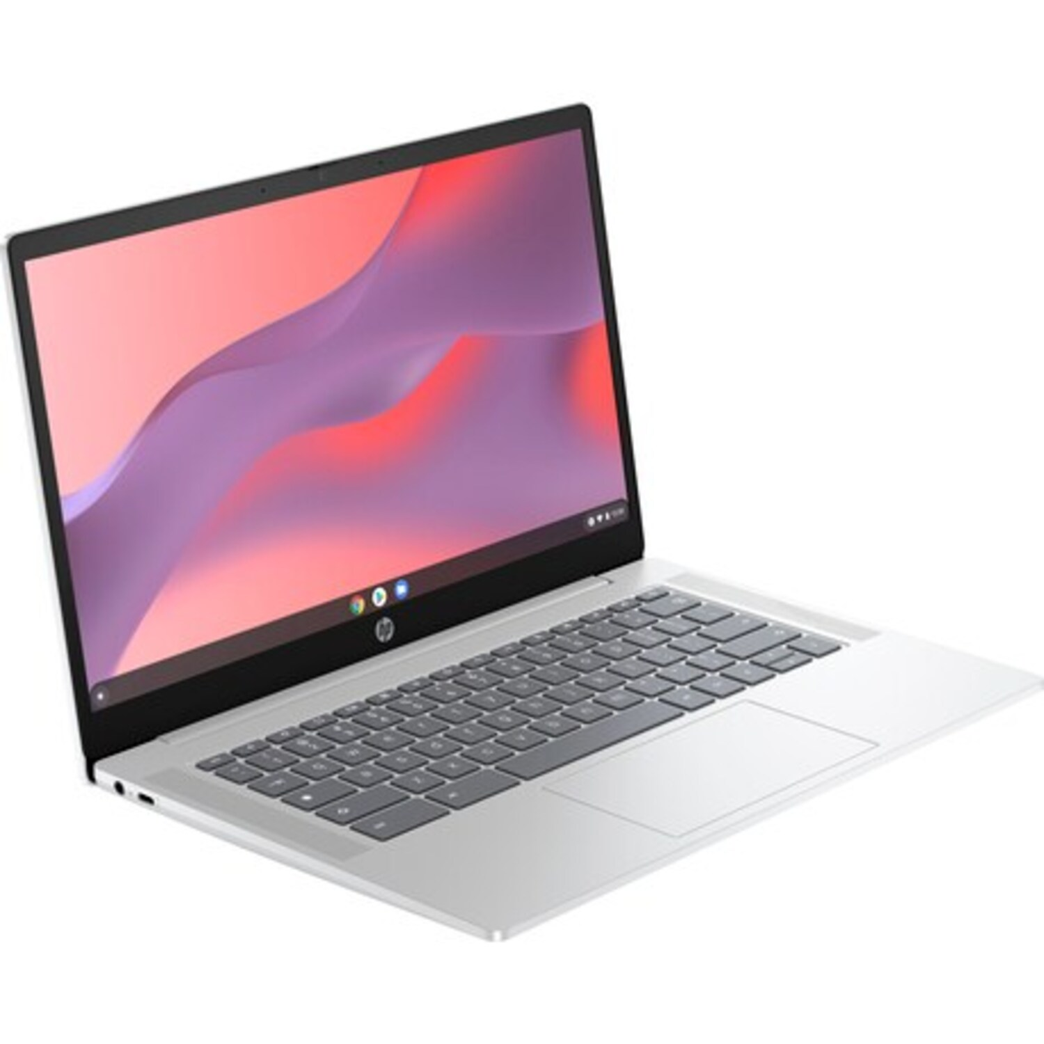 Silver laptop. It is open, displaying a pink and purple screen. A keyboard is visible. White background.