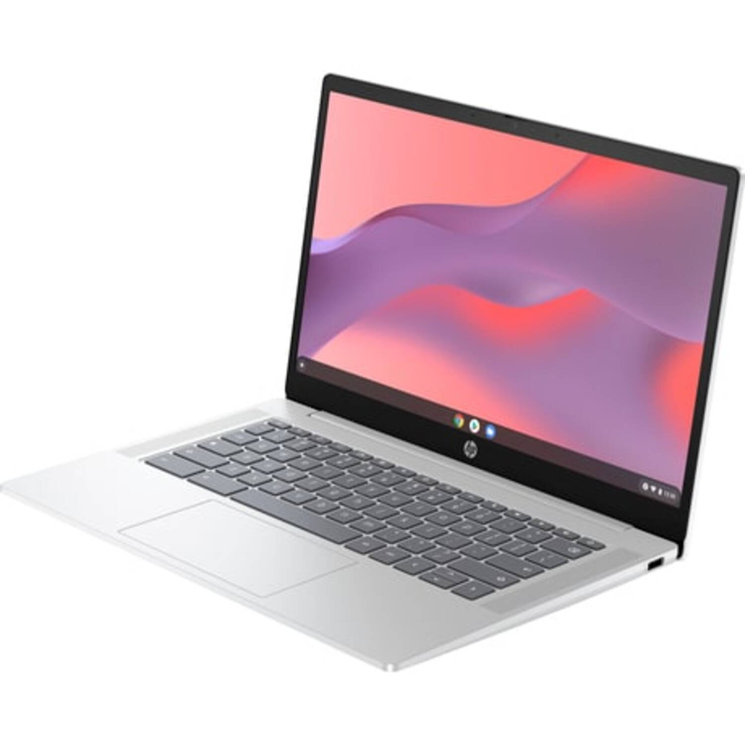 Silver laptop on white surface, angled view, with a black bezel and keyboard.