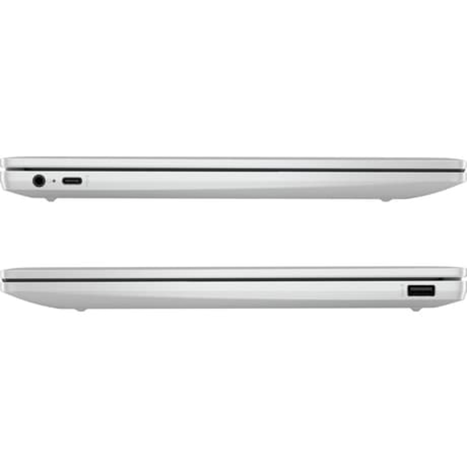 Two side views of the silver laptop. The ports are shown. Black thin lines are on the edges.