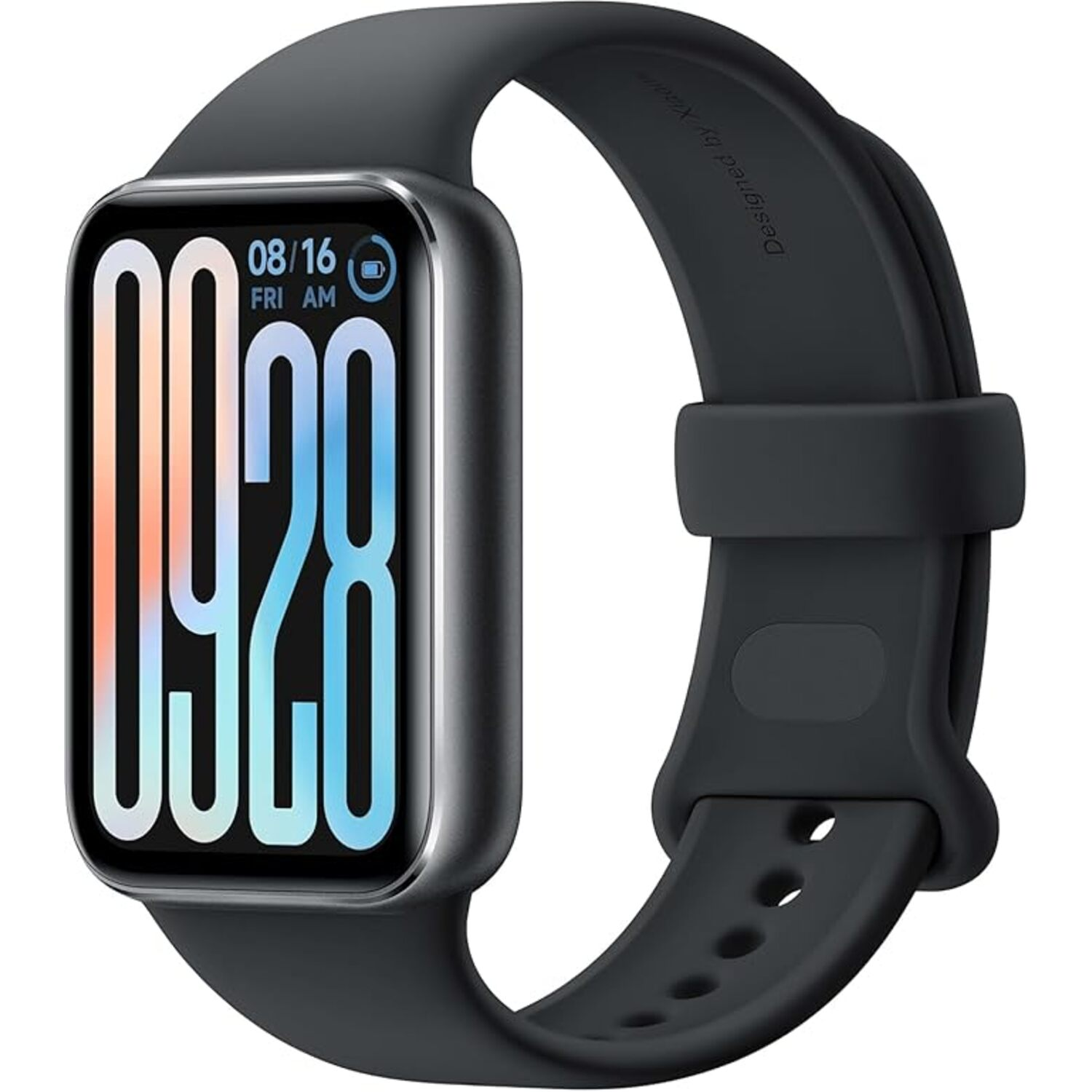 Smartwatch au poignet, affichant la date et l'heure sur écran noir.