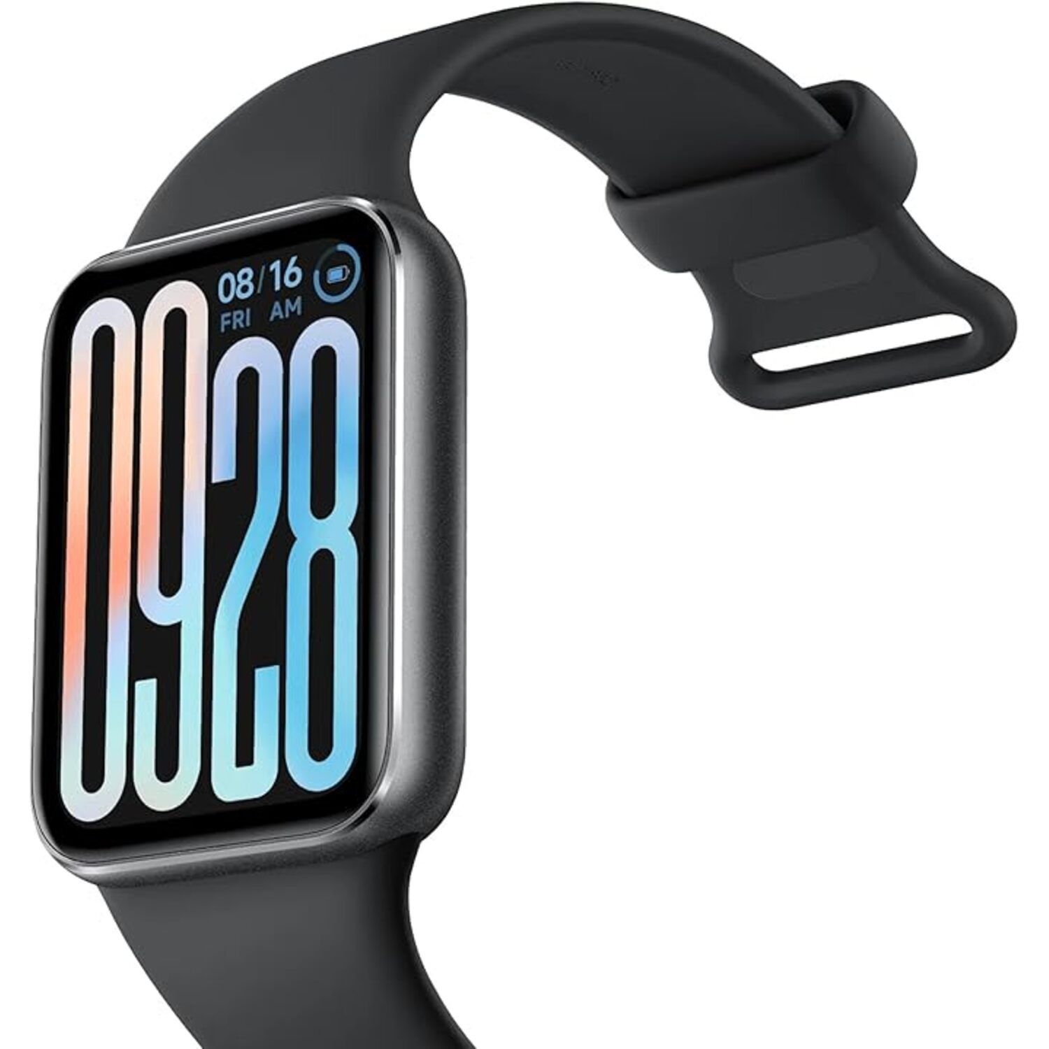 Une smartwatch noire avec un cadran carré et un bracelet noir.