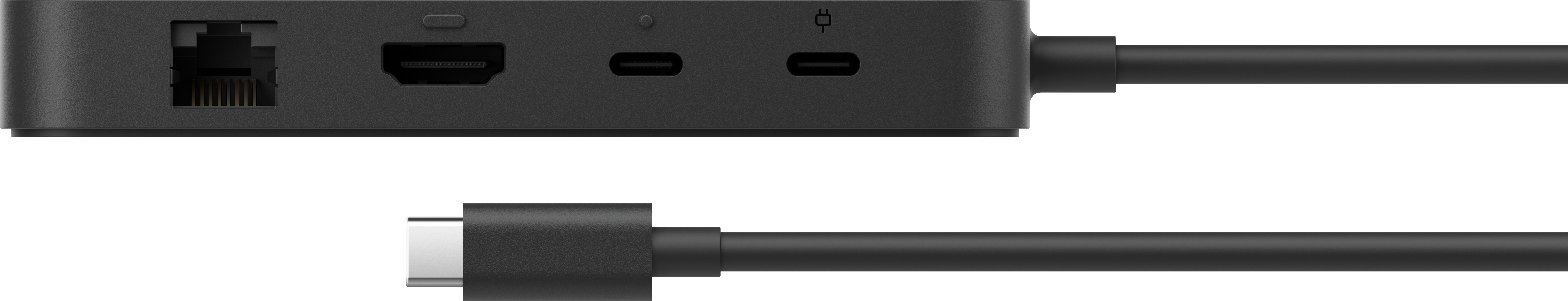Docking station nera con più porte e cavo USB-C.