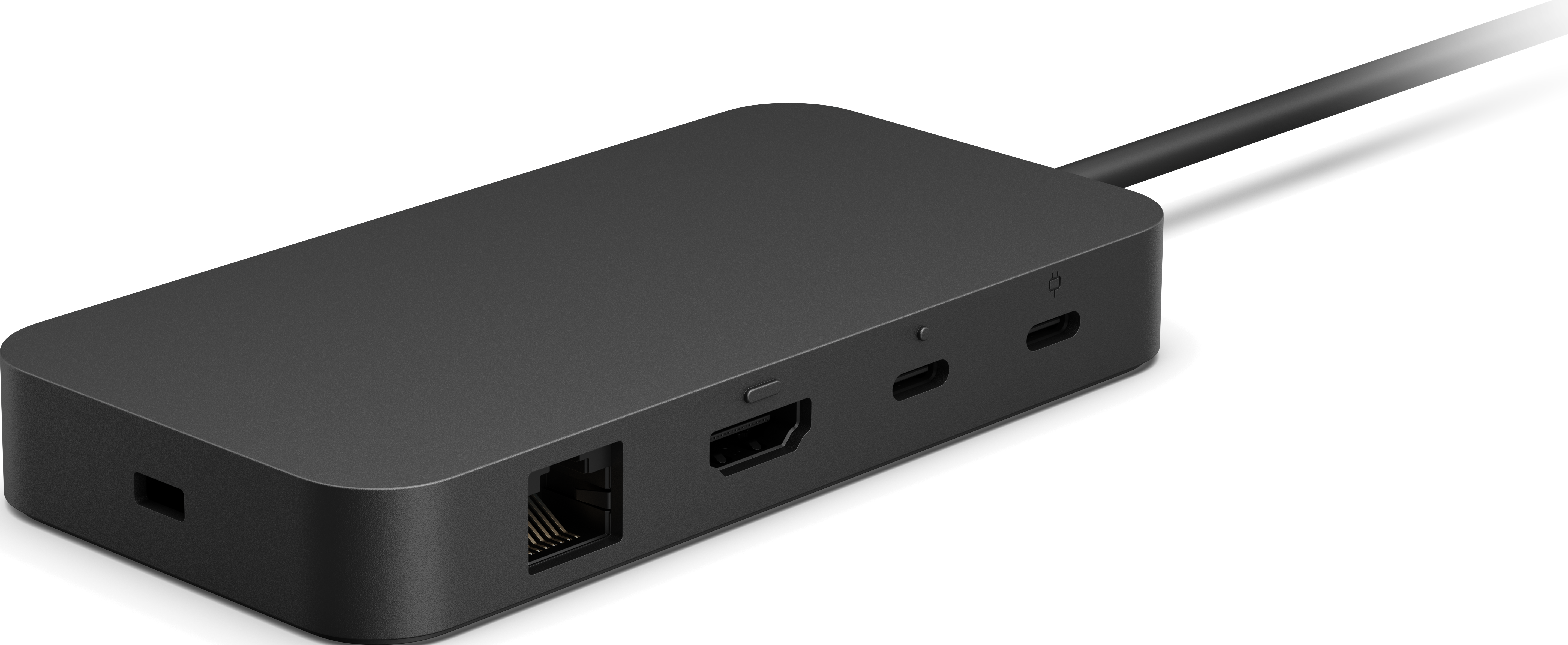 Una docking station grigio scuro con varie porte e un cavo nero.