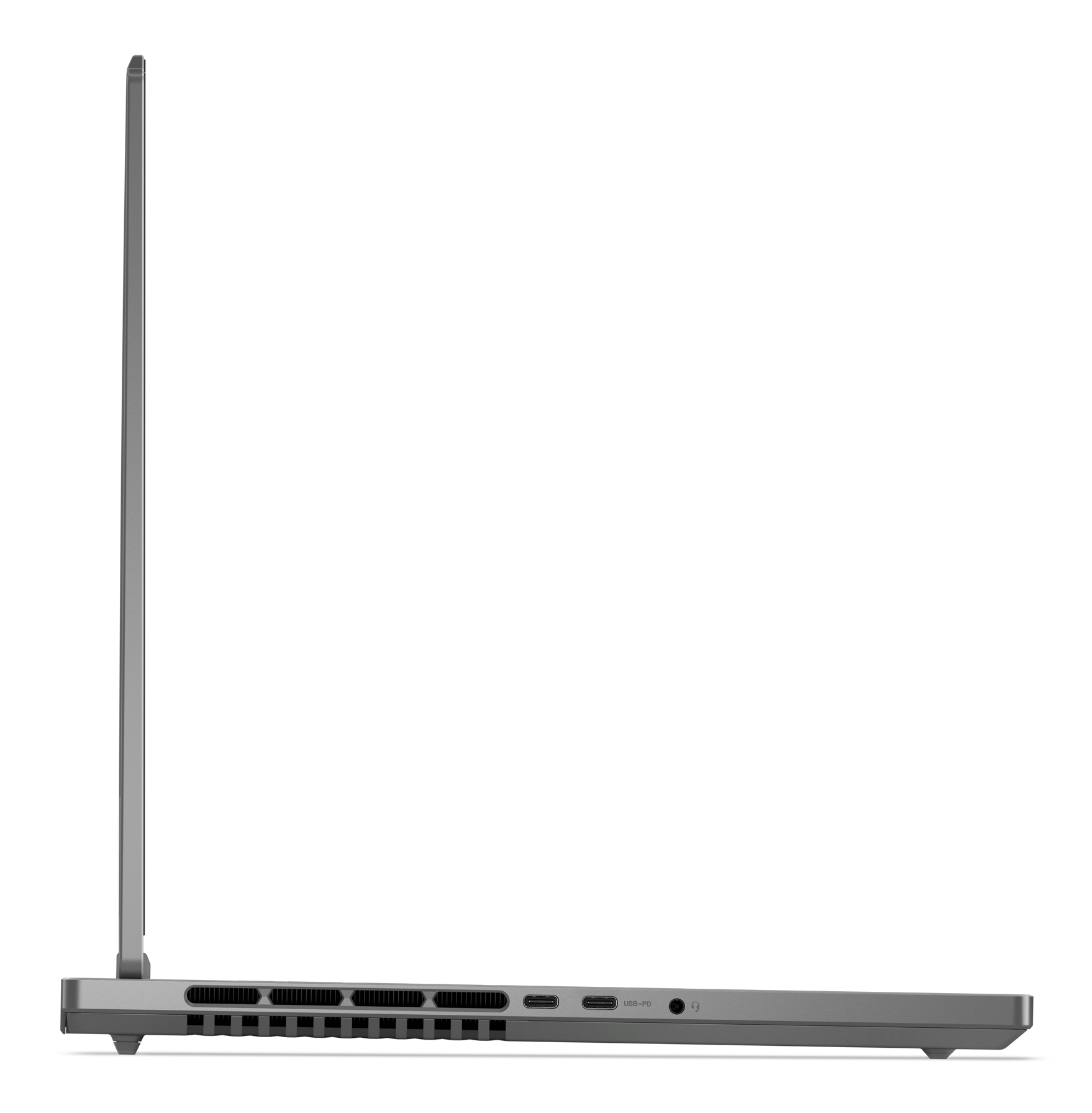 Widok z boku laptopa, pokazujący porty i otwarty kąt.