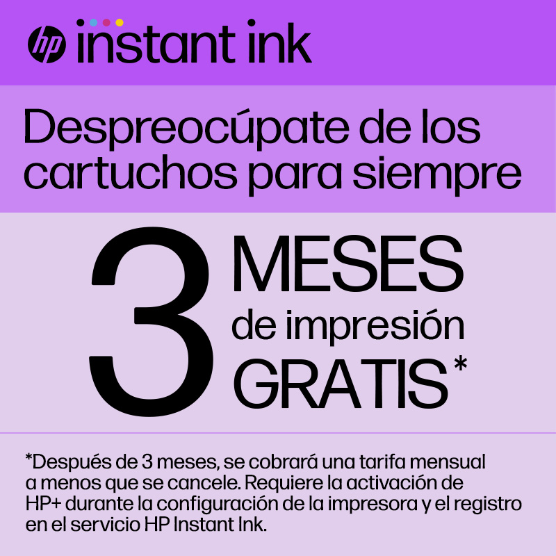 Un anuncio de HP Instant Ink con un gran “3” y las palabras “MESES DE IMPRESIÓN GRATIS” sobre un fondo morado.