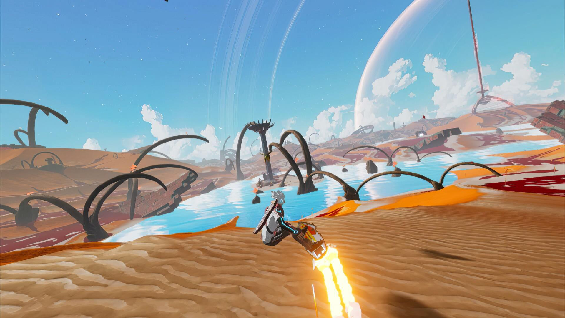 Sci-Fi-Landschaft mit einer Figur auf einem Jetboard vor blauem Himmel.