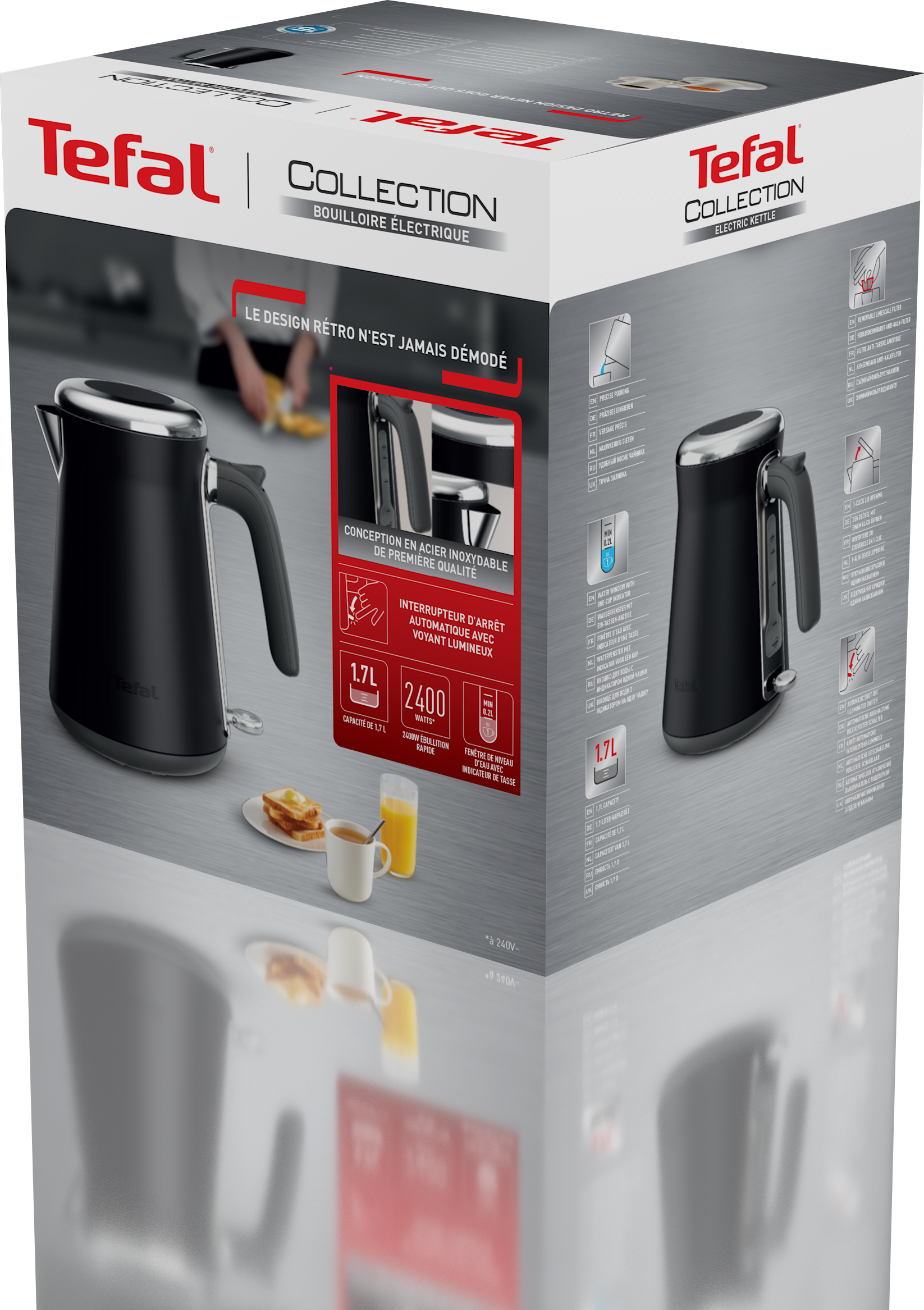 Tefal elektromos vízforraló doboz, fekete vízforraló kép az oldalon.