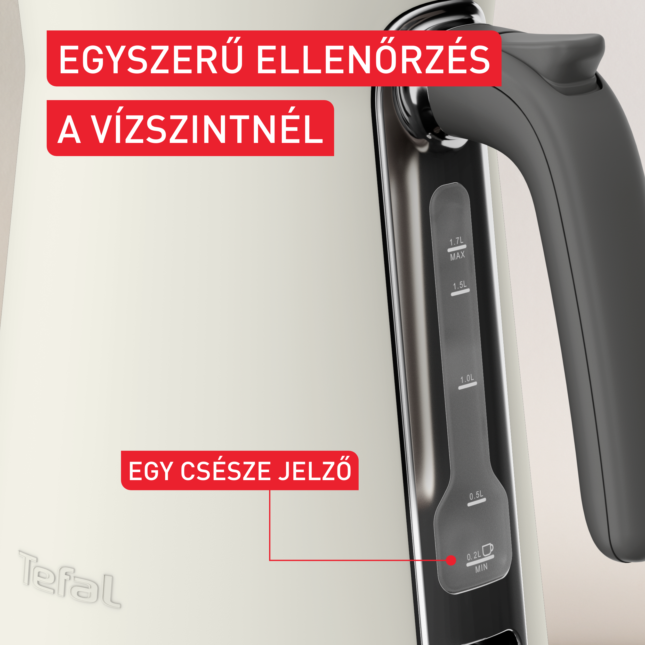 Krémszínű elektromos vízforraló, vízszintjelzővel és felirattal. Bögre jelző is látható.