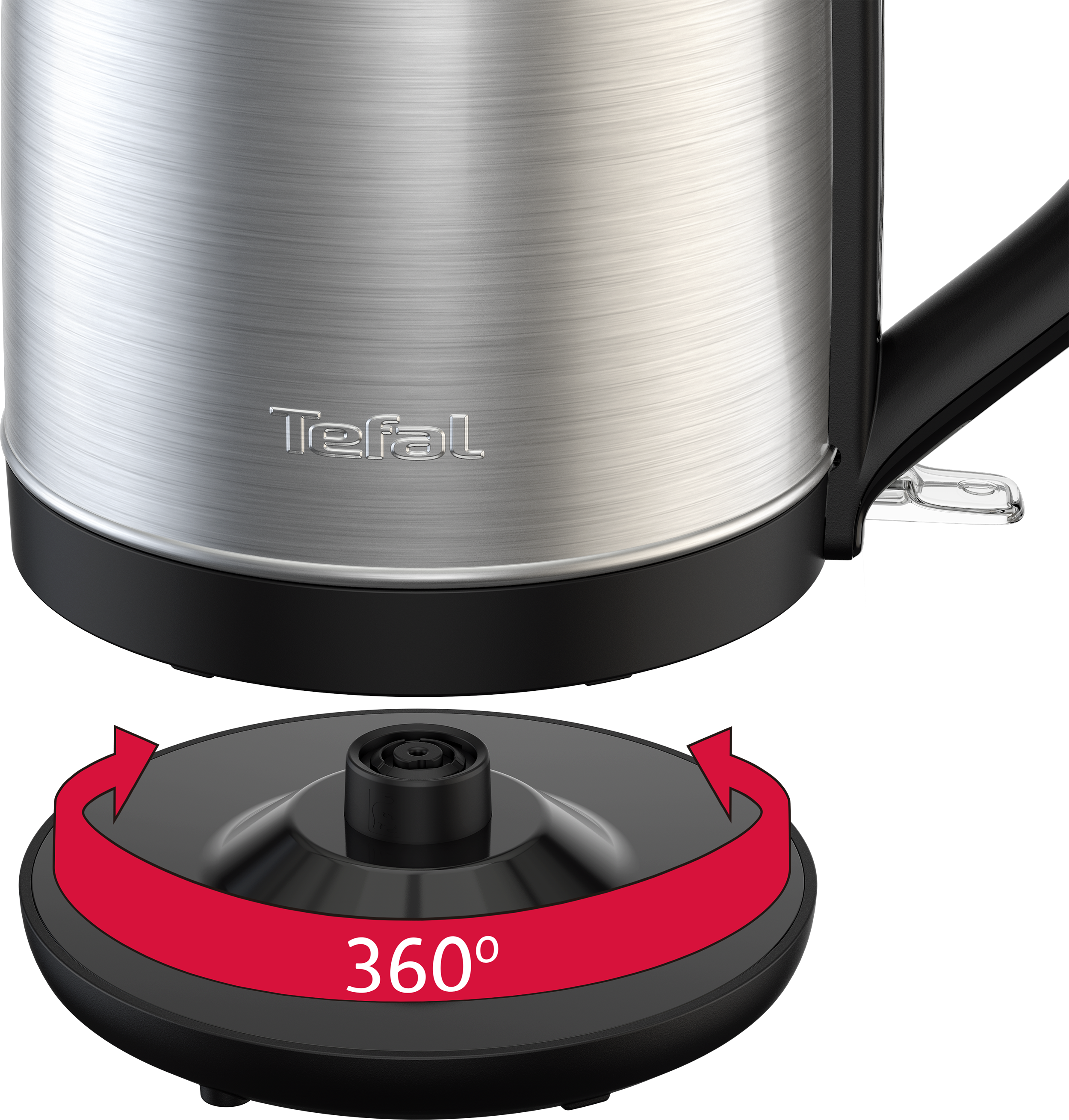 Egy ezüst-fekete Tefal vízforraló, 360 fokban forgatható alappal, piros nyilakkal a forgás jelzésére.