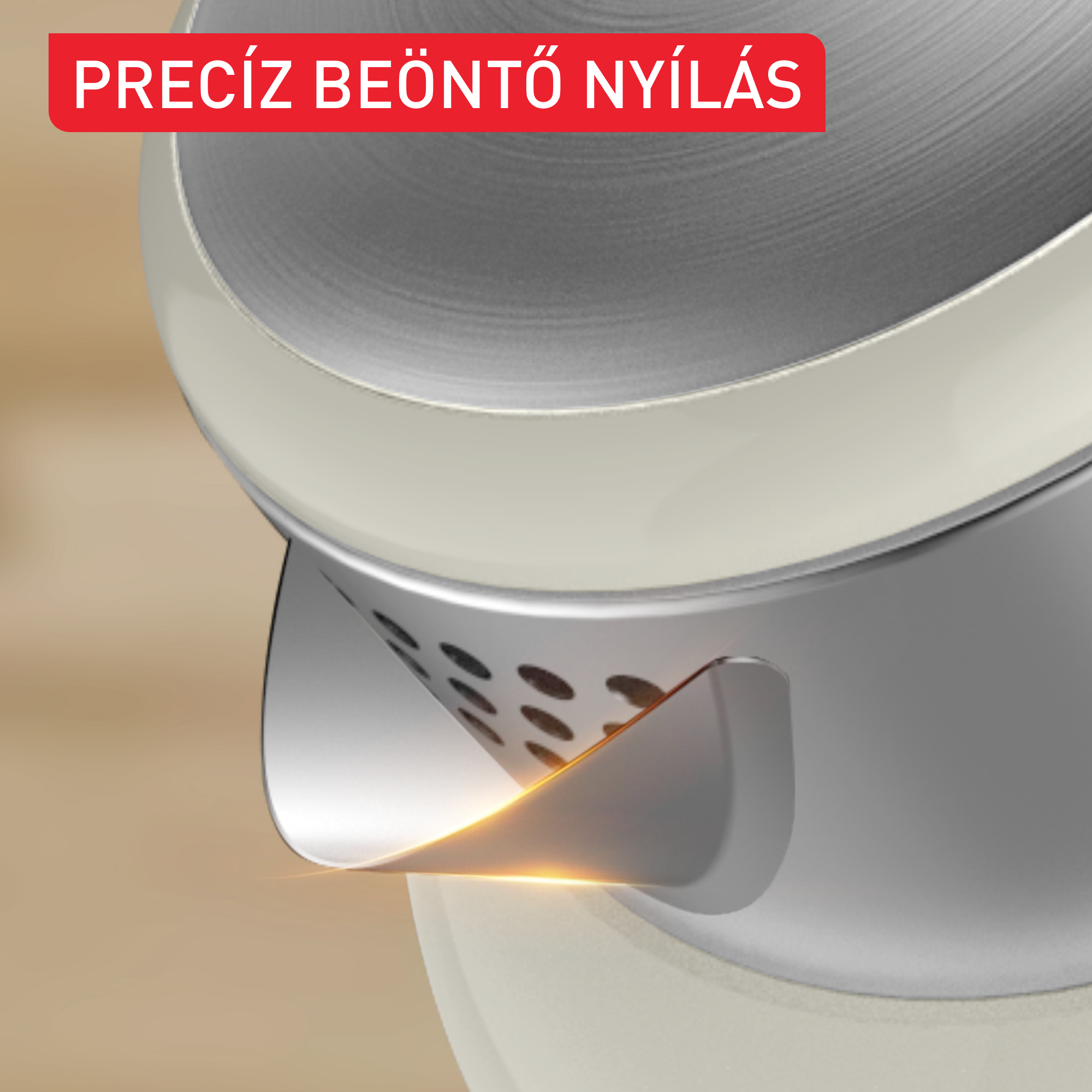 Egy konyhai készülék kifolyójának részlete a 'Precíz Beöntő Nyílás' szöveggel.