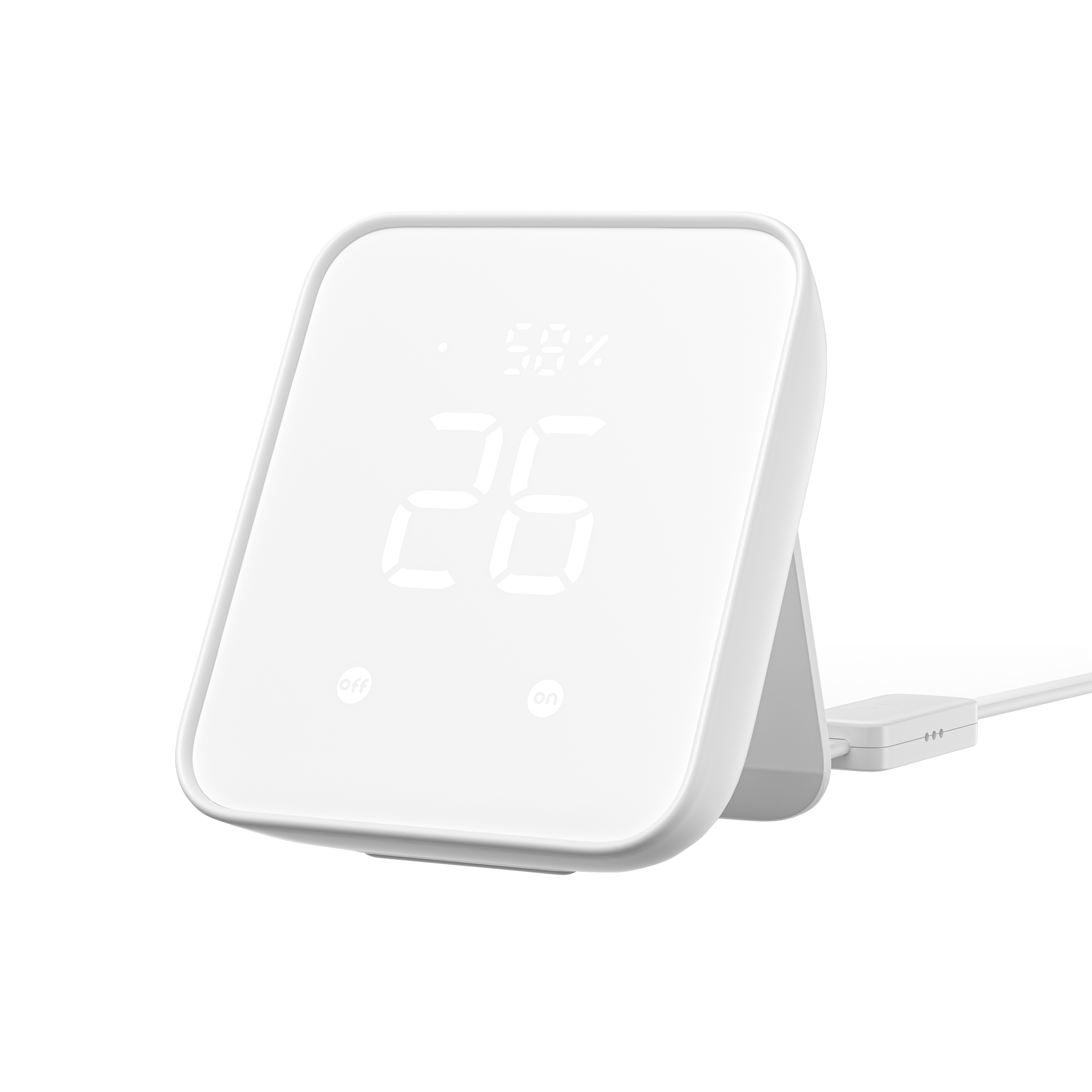 Eine weiße Digitalanzeige mit den Zahlen 26 und 58%.