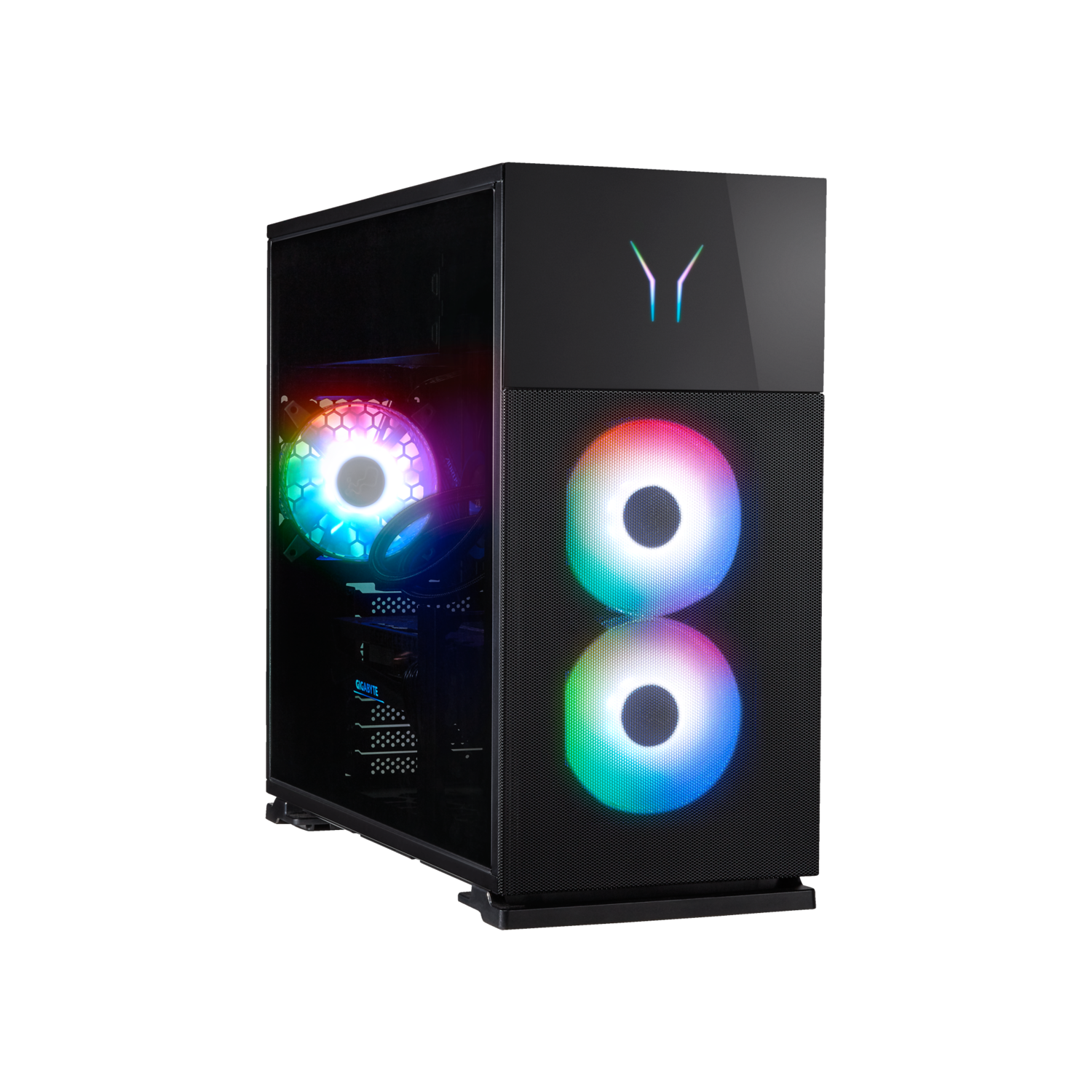 Zwarte computerkast met verlichte ventilatoren. RGB-verlichting in de ventilatoren en op de kast.