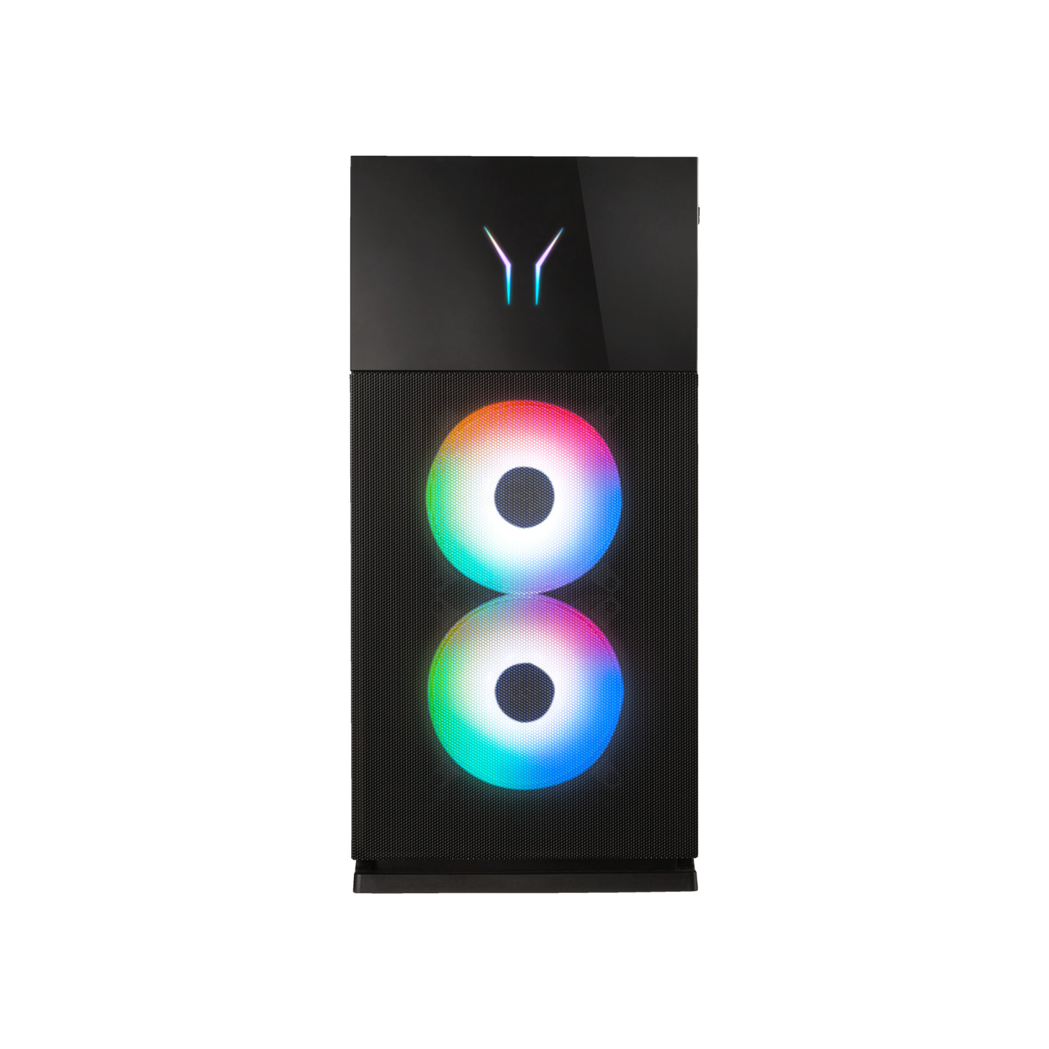 Een gaming computerkast met RGB-verlichting, vooraanzicht, zwarte kast met een mesh voorkant en twee cirkelvormige lichtfuncties.