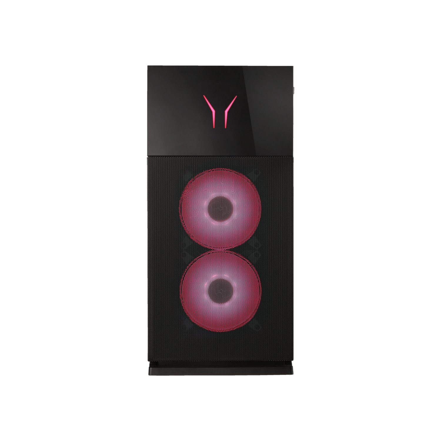 Zwarte gaming pc-kast met rode binnenverlichting en een logo aan de bovenkant.