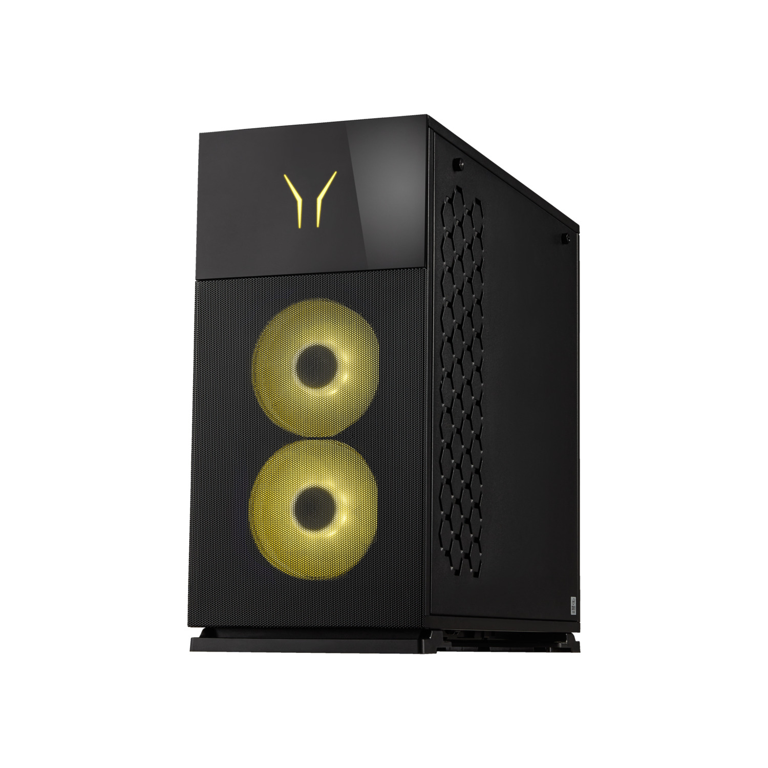 Zwarte gaming pc-kast met gele binnenverlichting en een logo aan de bovenkant.