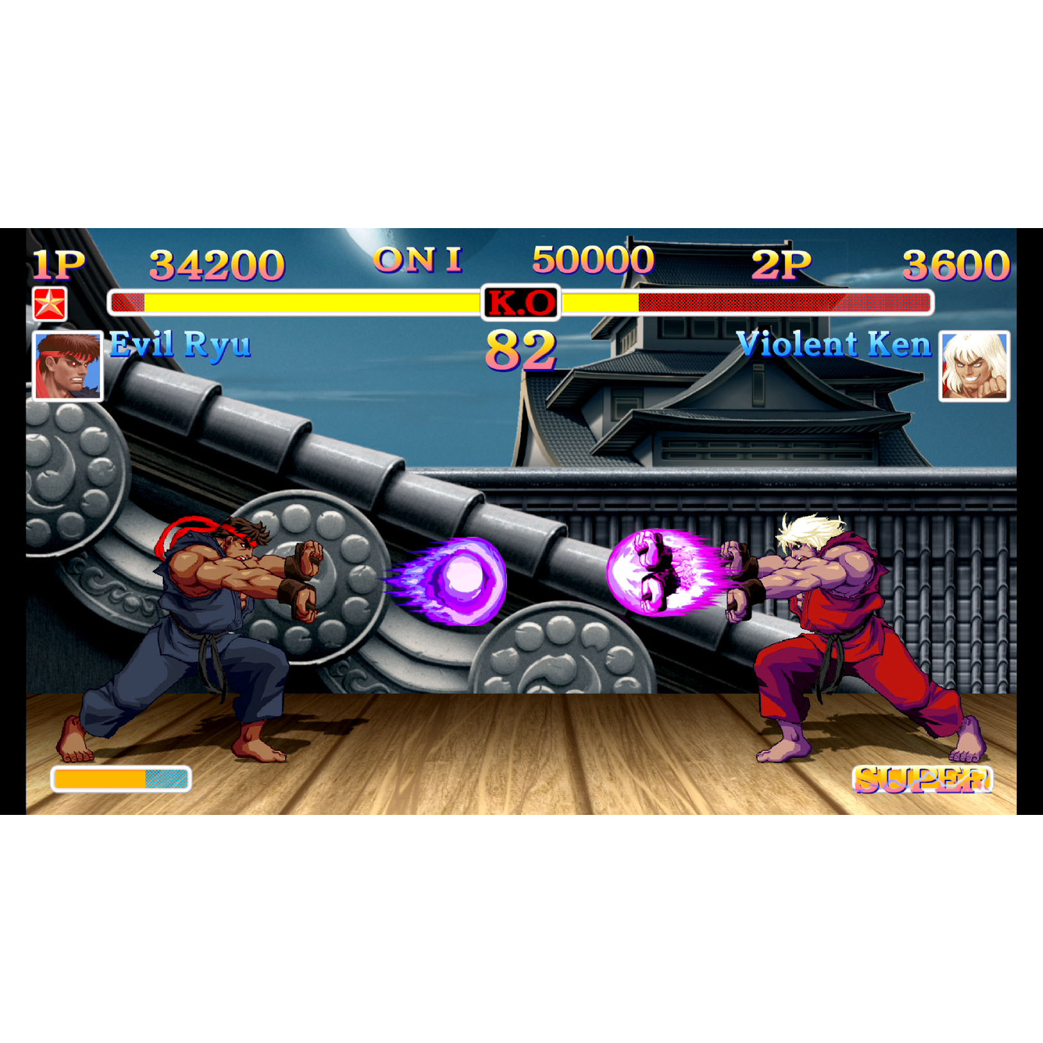 Een Street Fighter II arcade-gamescherm met Ryu en Ken die vechten, met gezondheidsbalken.