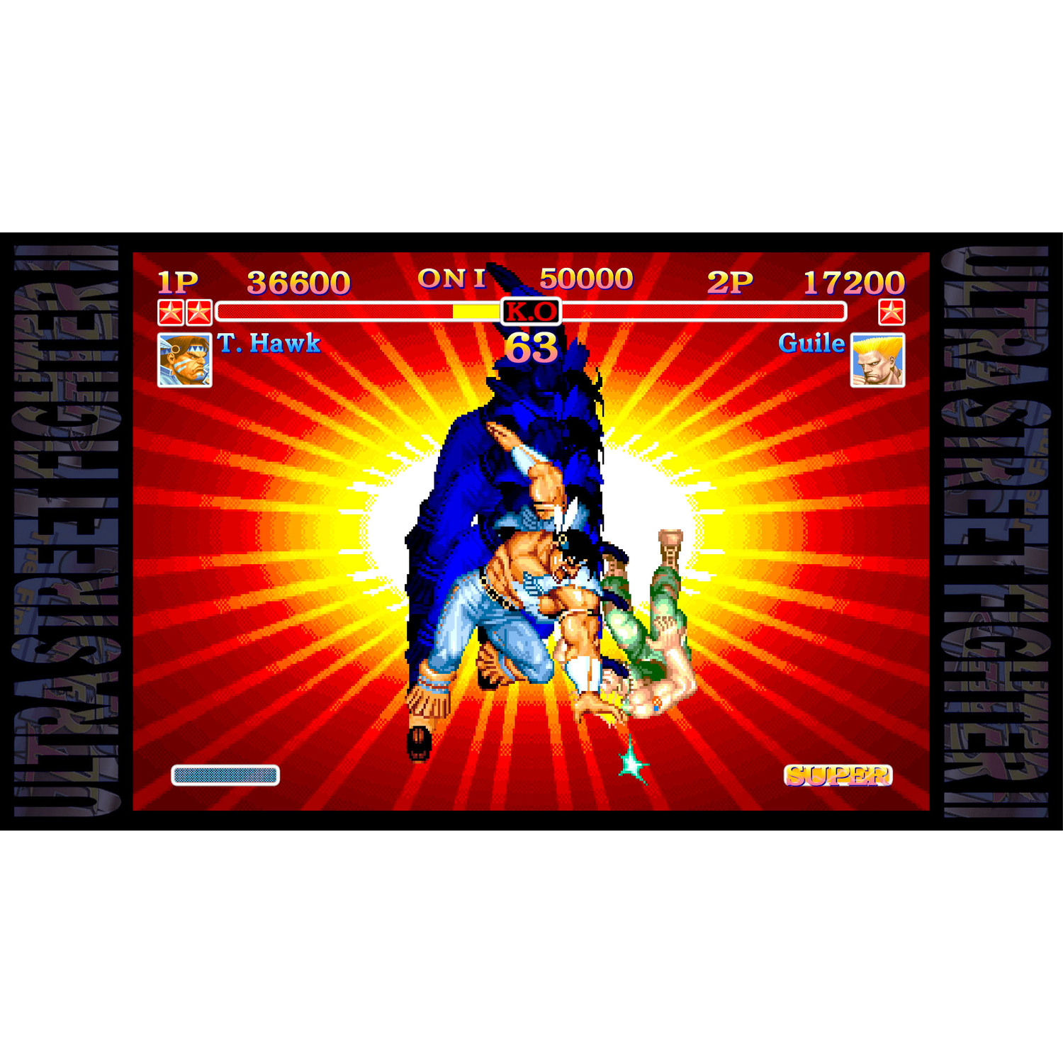 Een videogame-scherm toont een man in het blauw die vecht tegen een andere man in het groen.