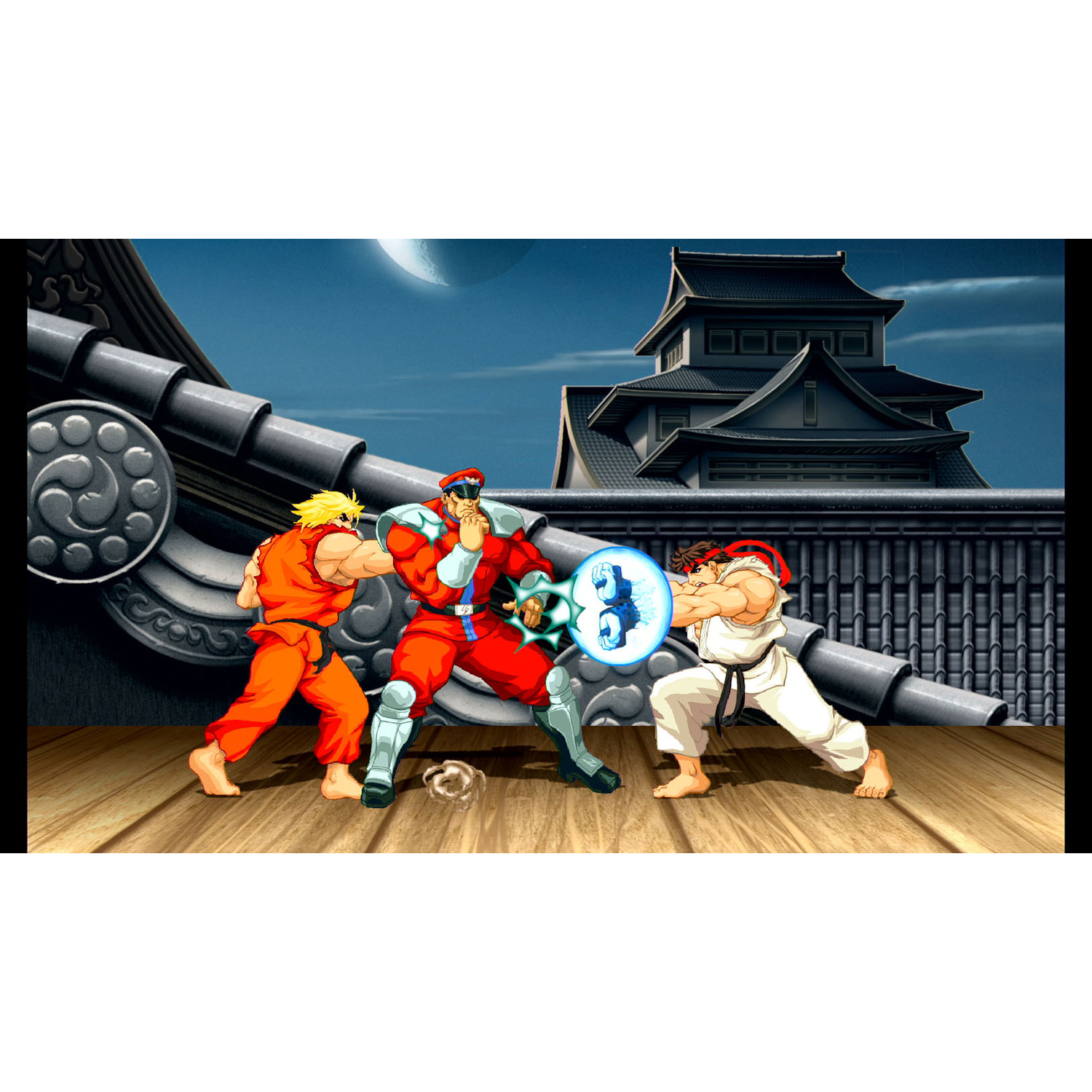 Videogame scène: drie personages vechten, met een Japans kasteel op de achtergrond.