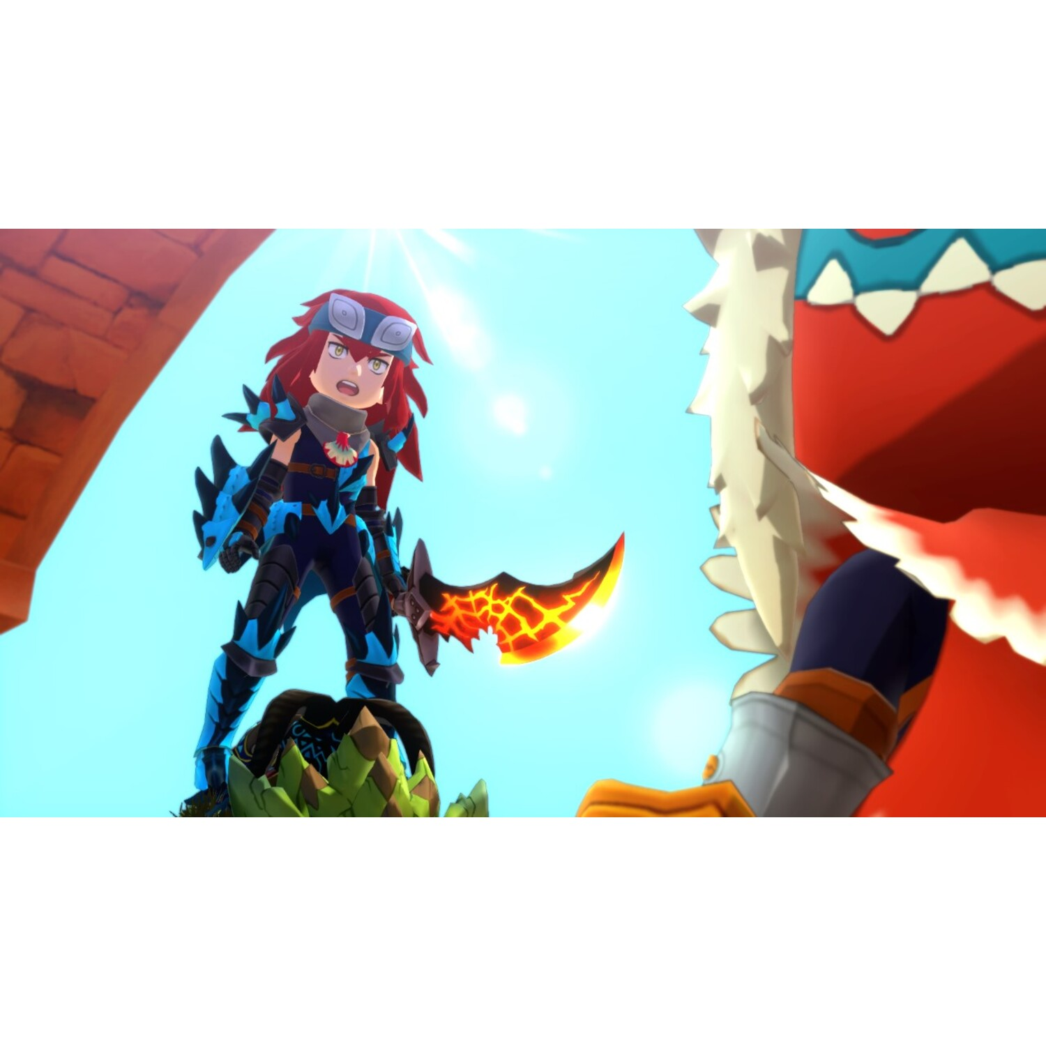 Een anime-stijl karakter met een vurig zwaard tegenover een groot rood monster.